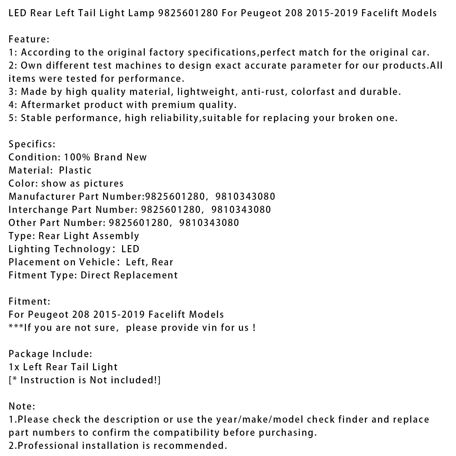 LED Rear Left Tail Light Lamp 9825601280 For Peugeot 208 15-2019 Facelift Models