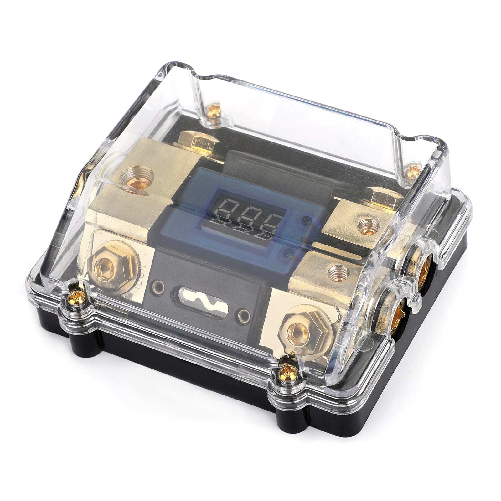 Clear Cover plastic housing LED Display 1x0 IN 2x4GA OUT Distribution Block Fuse Holder Splitter Nickel Plated Heat resistant for Car Audio Marine