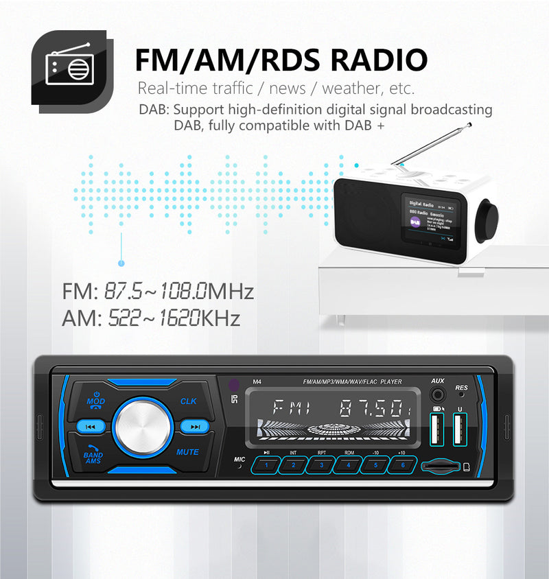 1 DIN Car Radio Bluetooth MP3 Player USB AUX FM Stereo AM RDS DAB In-dash