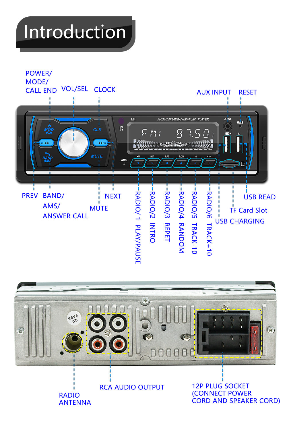 1 DIN Car Radio Bluetooth MP3 Player USB AUX FM Stereo AM RDS DAB In-dash