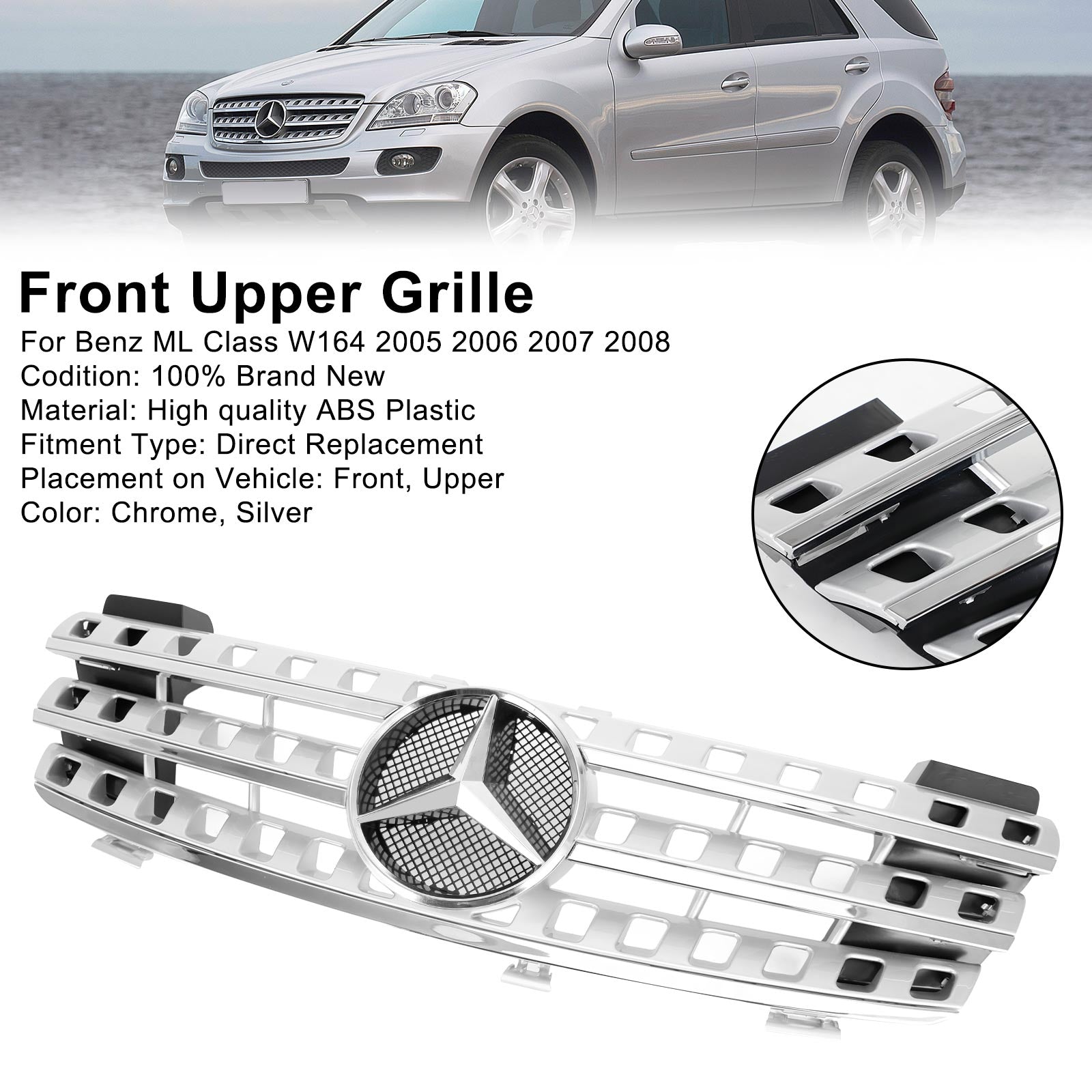 Mercedes Benz W164 2005-2008 ML M-Class Front Grill with Chrome Fins