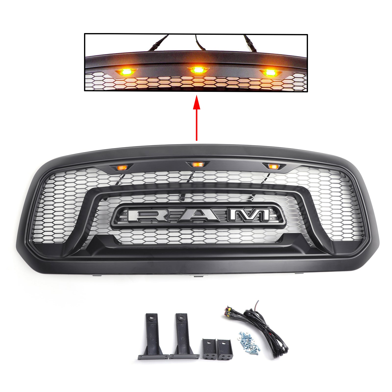 LED Grille ABS Honeycomb Bumper Grill Mesh Grille fit Dodge Ram 1500 2013-2018