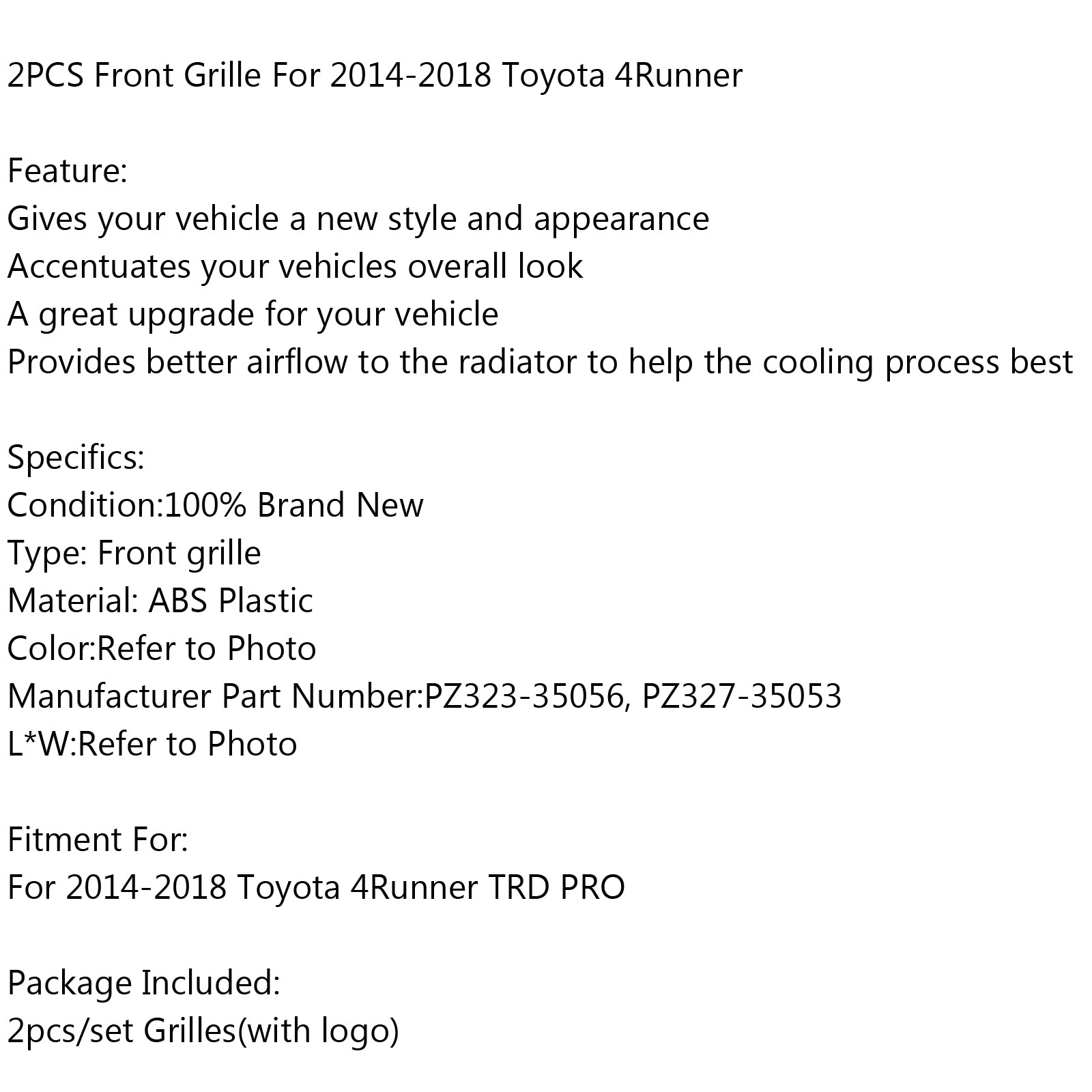 2x Front Bumper Grille Grill Fit For 4Runner TRD PRO 2014-2019 Grey logo Letter Generic