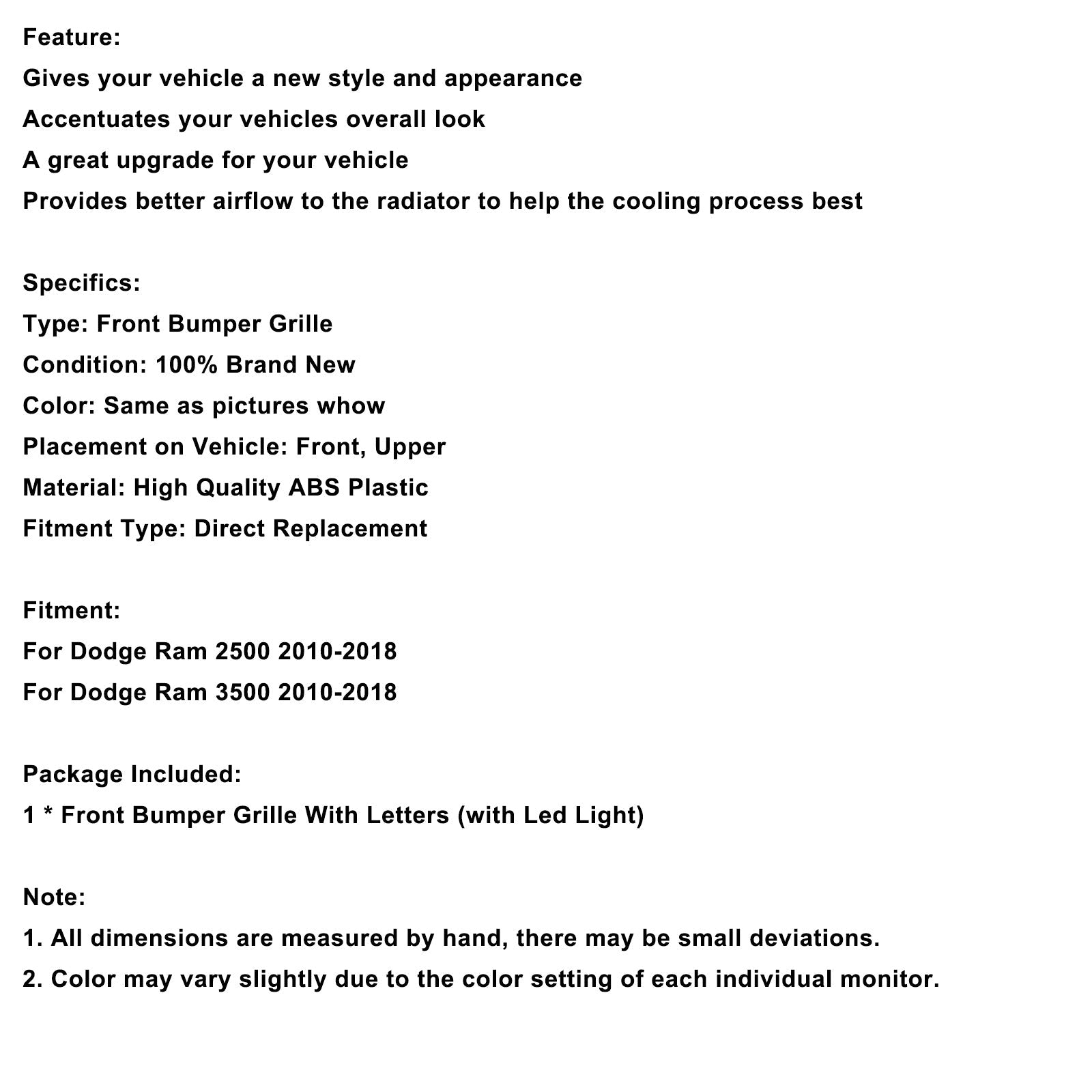 2010-2018 Dodge Ram 2500/3500 Laramie Limited W/ Led Light Front Bumper Grille