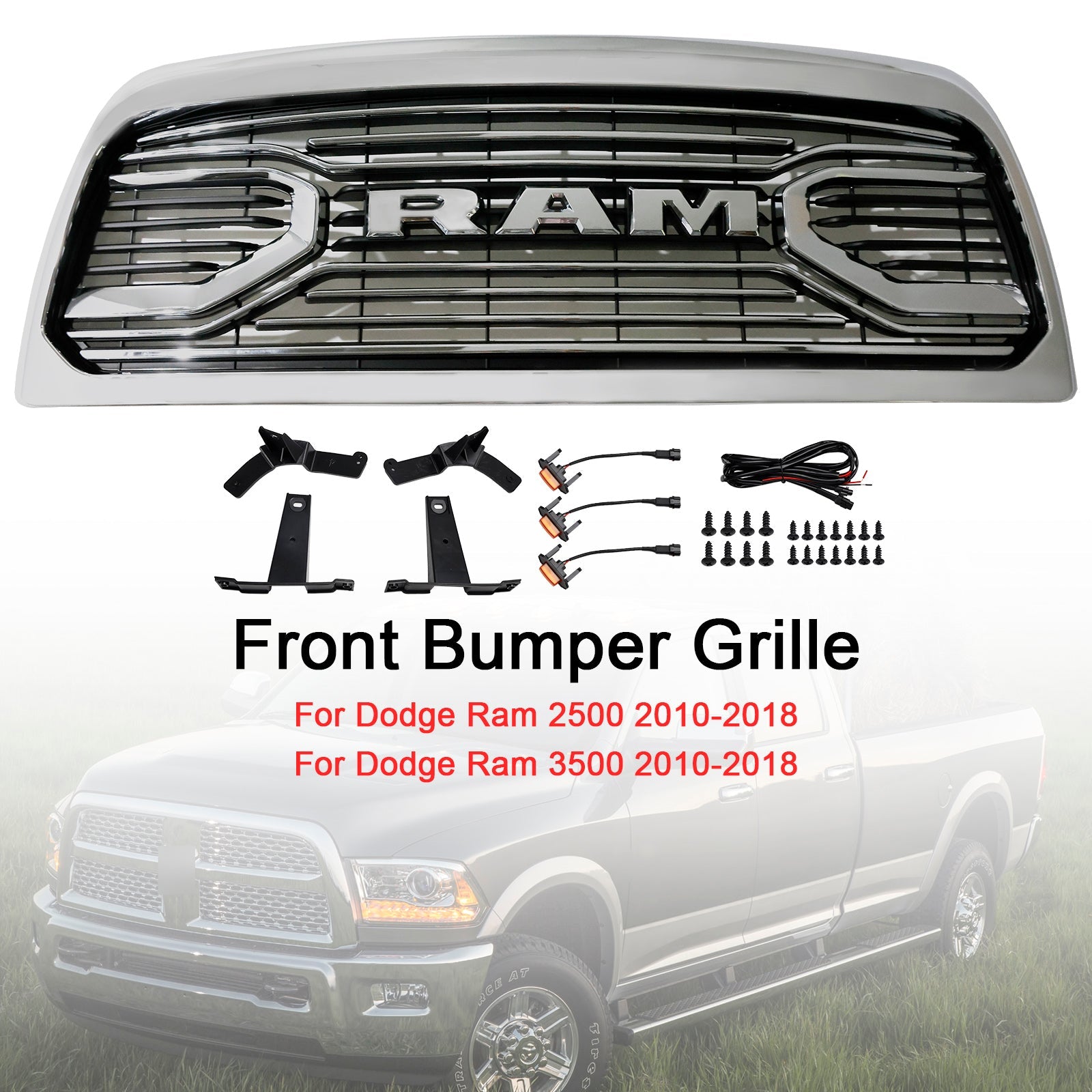 2010-2018 Dodge Ram 2500/3500 Laramie W/ Led Light Chrome Front Bumper Grille