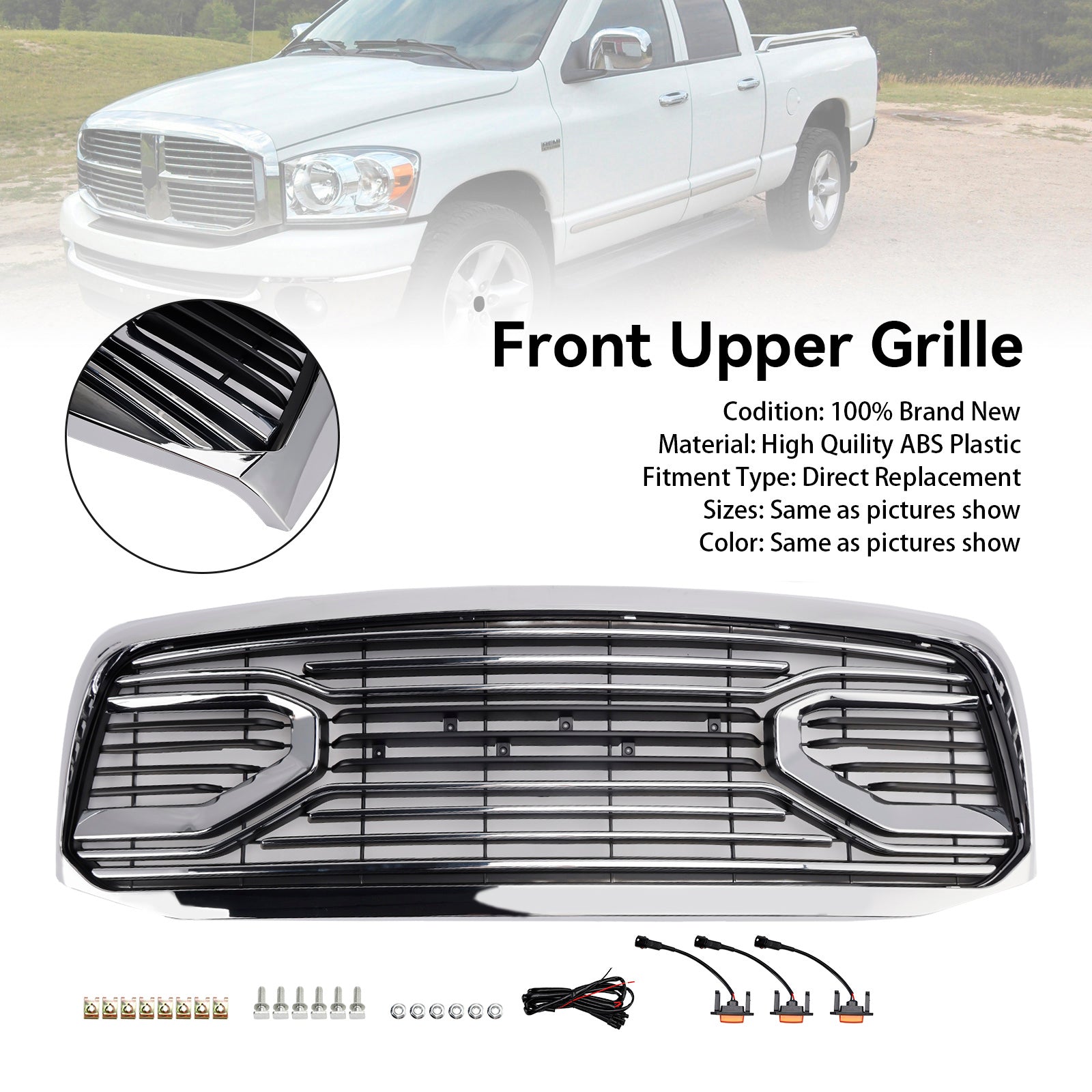 Chrome Front Bumper Grill Grille Fit Dodge RAM 1500 2006-2008 With LED Light