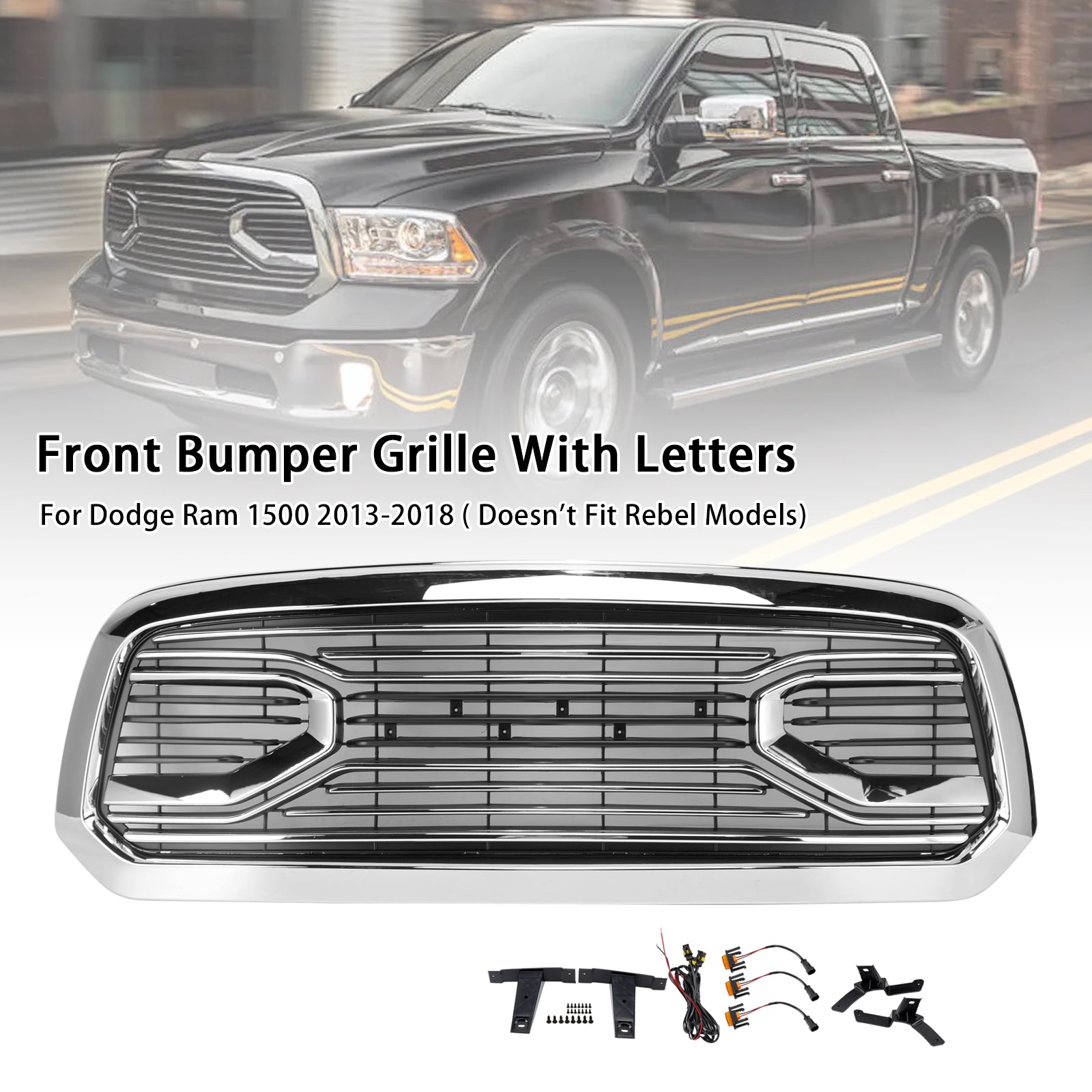2013-2018 Dodge Ram 1500 Big Horn Style Front Bumper Grill Grille Chrome
