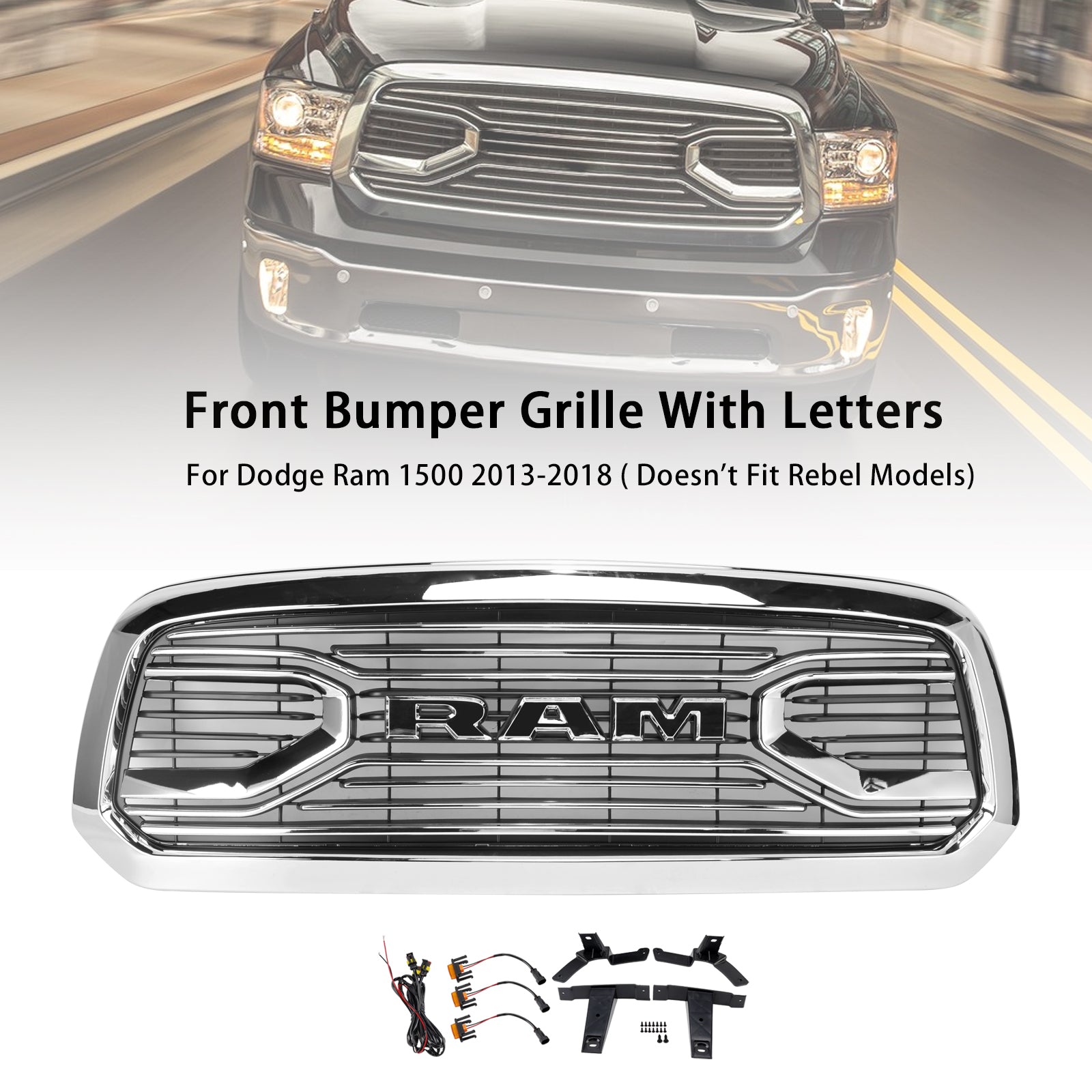 2013-2018 Dodge Ram 1500 Big Horn Style Front Bumper Grill Grille Chrome