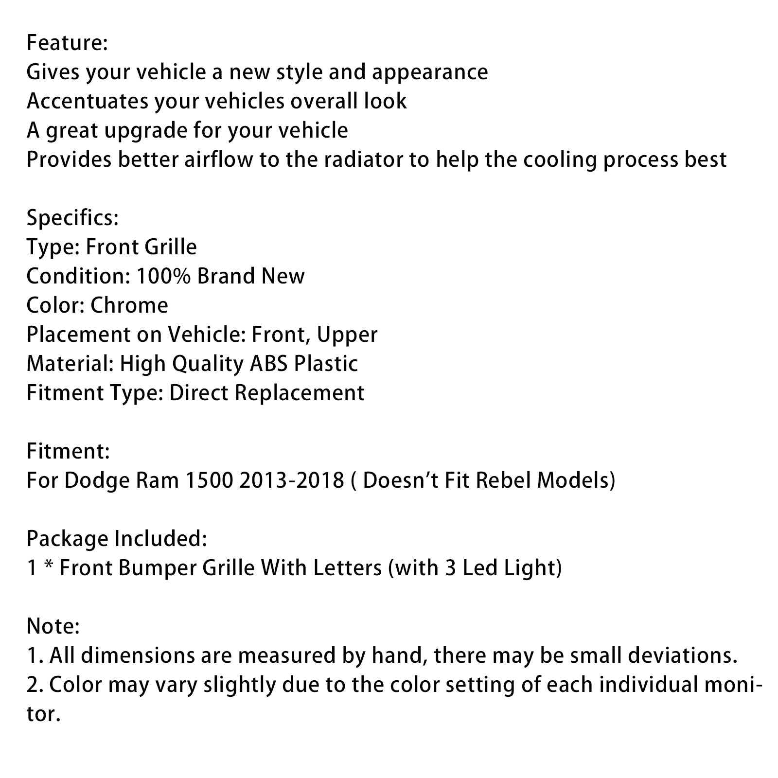 2013-2018 Dodge Ram 1500 Big Horn Style Front Bumper Grill Grille Chrome