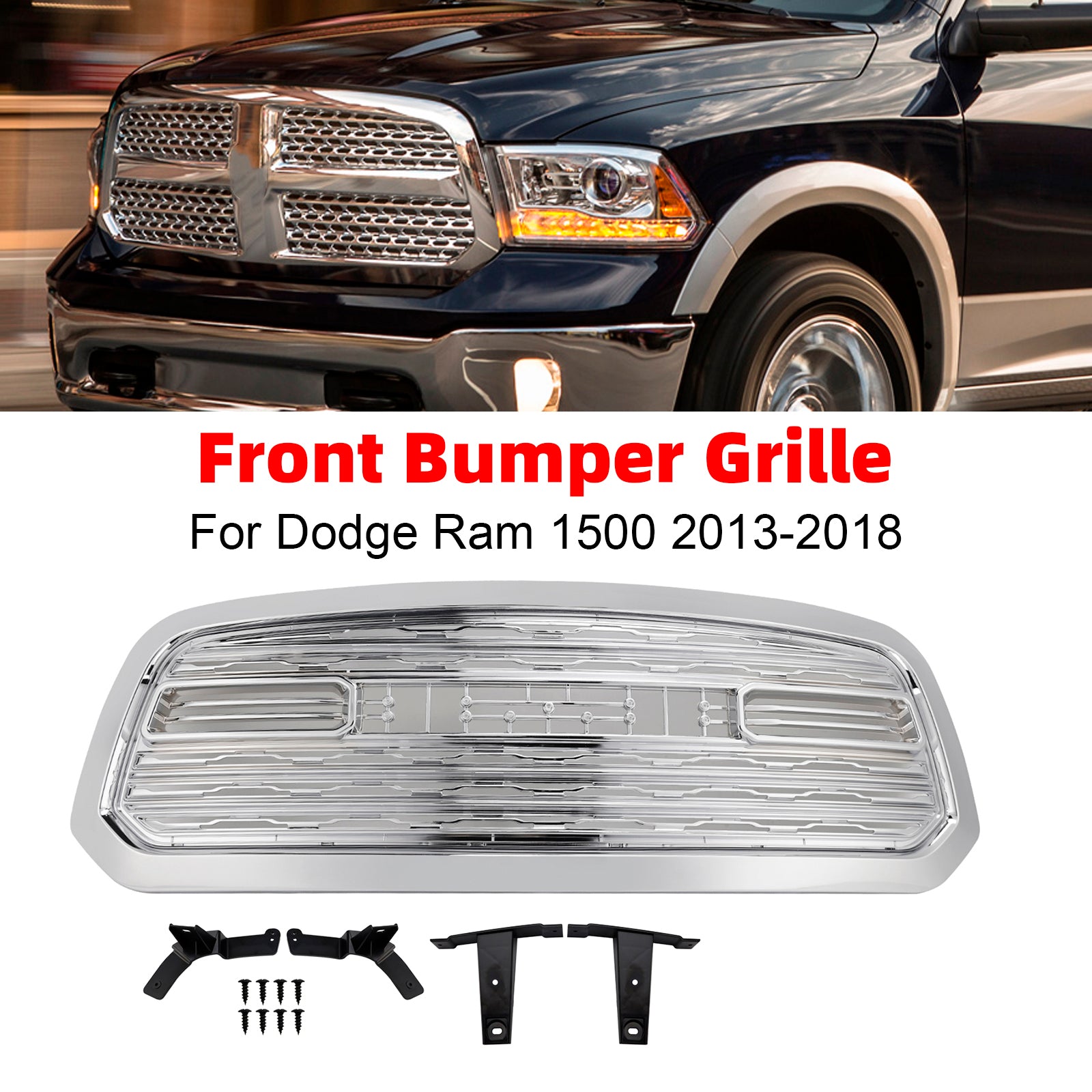 2013-2018 Dodge Ram 1500 LTD Style Front Bumper Grill Grille Chrome