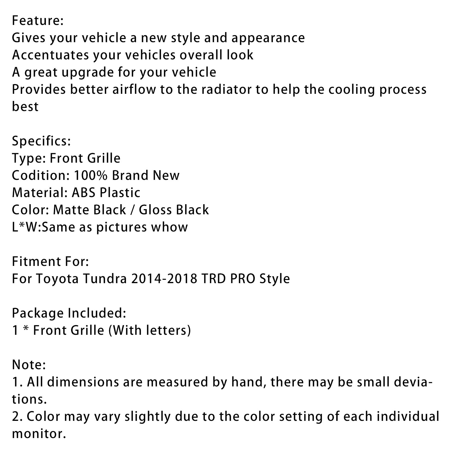 2014-2018 Toyota Tundra TRD PRO Black Honeycomb Front Grill Grille