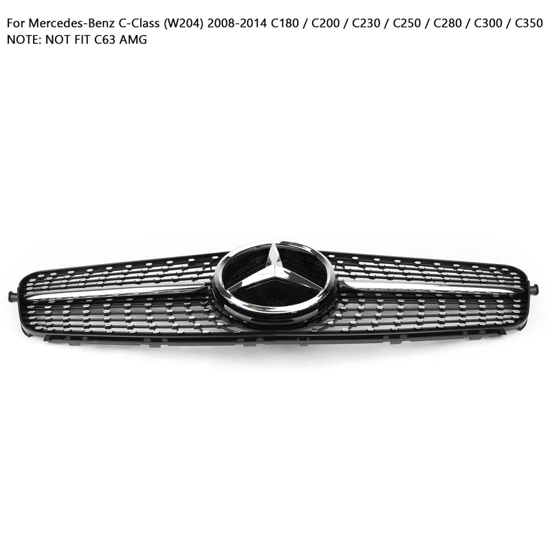 Parrilla delantera cromada negra diamante compatible con Mercedes-Benz W204 C200 C300 2008-2014