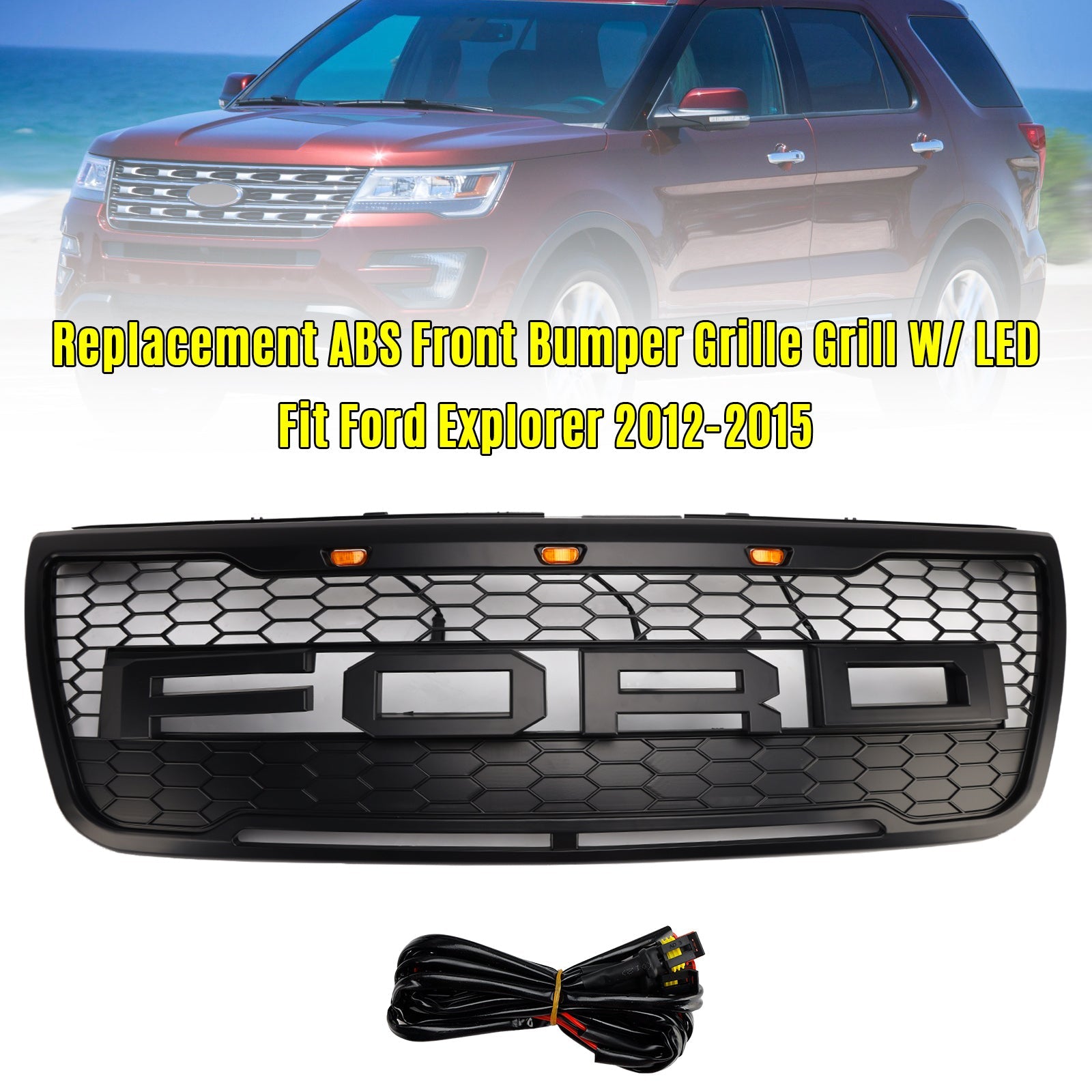 2012-2015 Ford Explorer With Lights Grey Front Upper Bumper Grill Grille