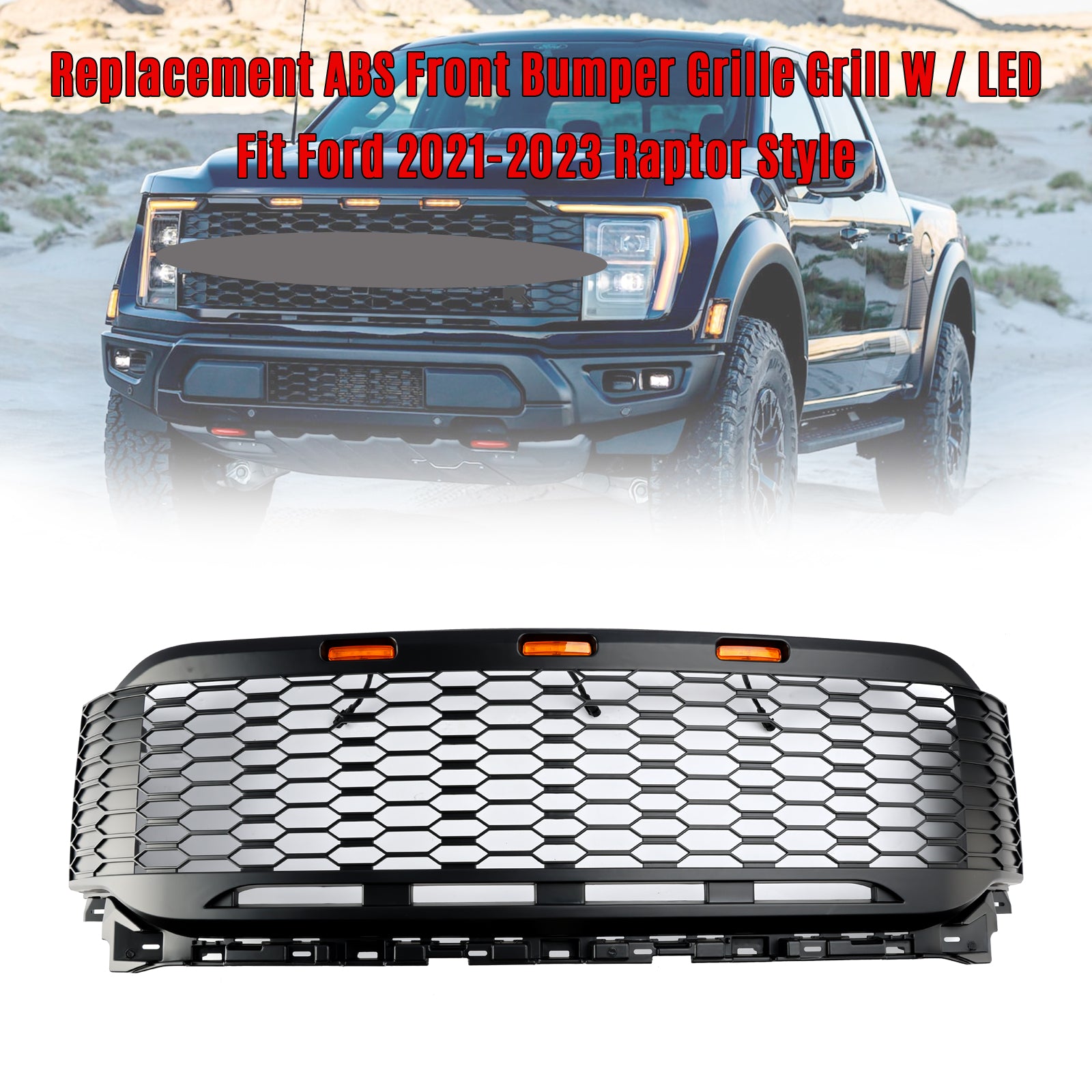 Replacement ABS Front Bumper Grill Grille Fit Ford F150 2021-2023 Raptor W/ LED Without Camera Housing