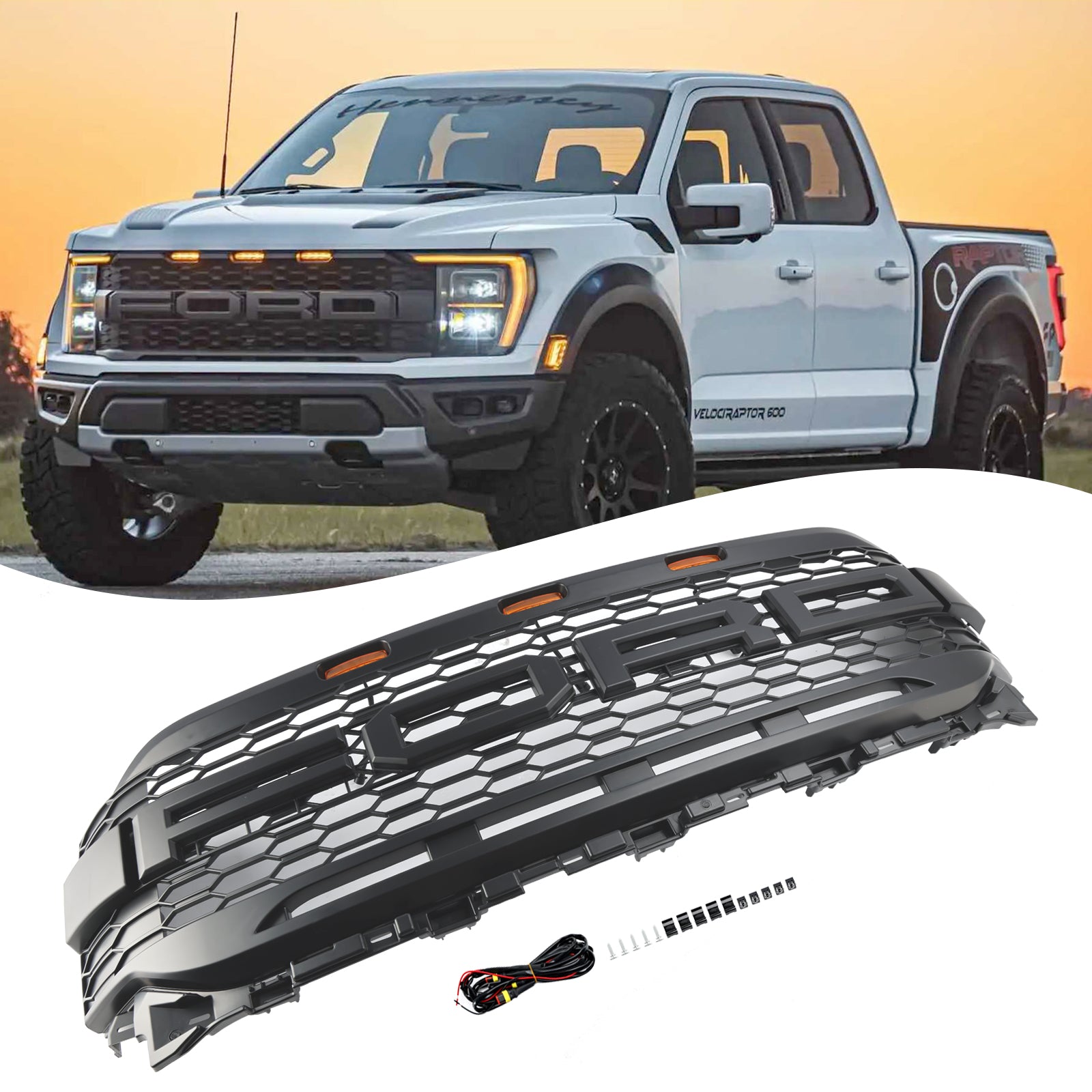 Replacement ABS Front Bumper Grill Grille Fit Ford F150 2021-2023 Raptor W/ LED Without Camera Housing
