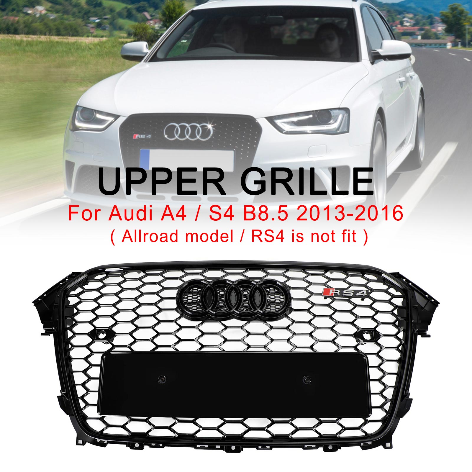 RS4 Style Mesh Front Bumper Grille Grill Fit Audi A4 S4 2013-2016 Gloss Black