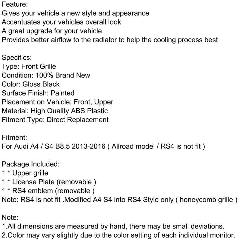 Parrilla de parachoques delantero de malla estilo RS4 compatible con Audi A4 S4 2013-2016 negro brillante