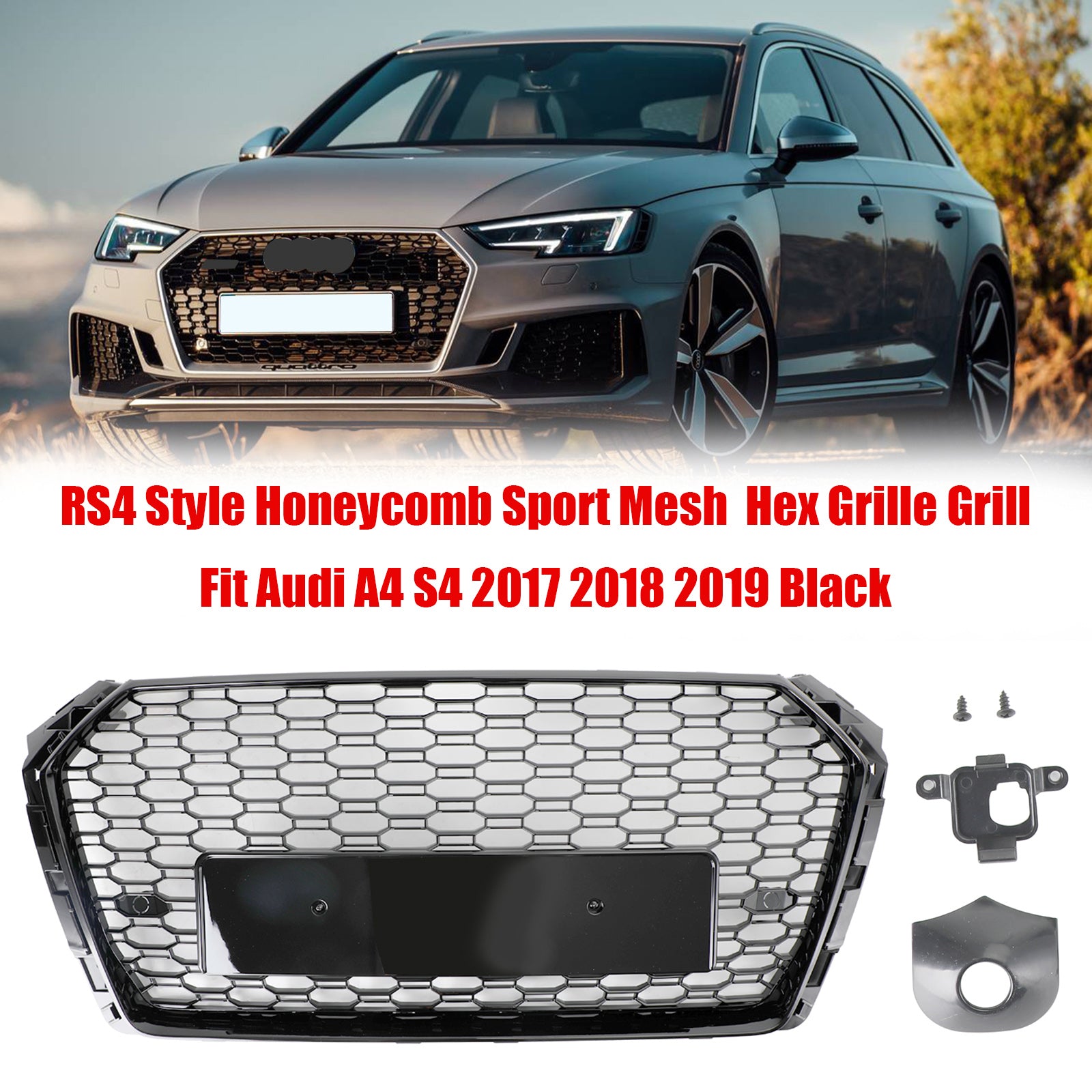 16-19 Audi A4/S4 Black Honeycomb RS4 Style Mesh Hex Grill Replacement Generic