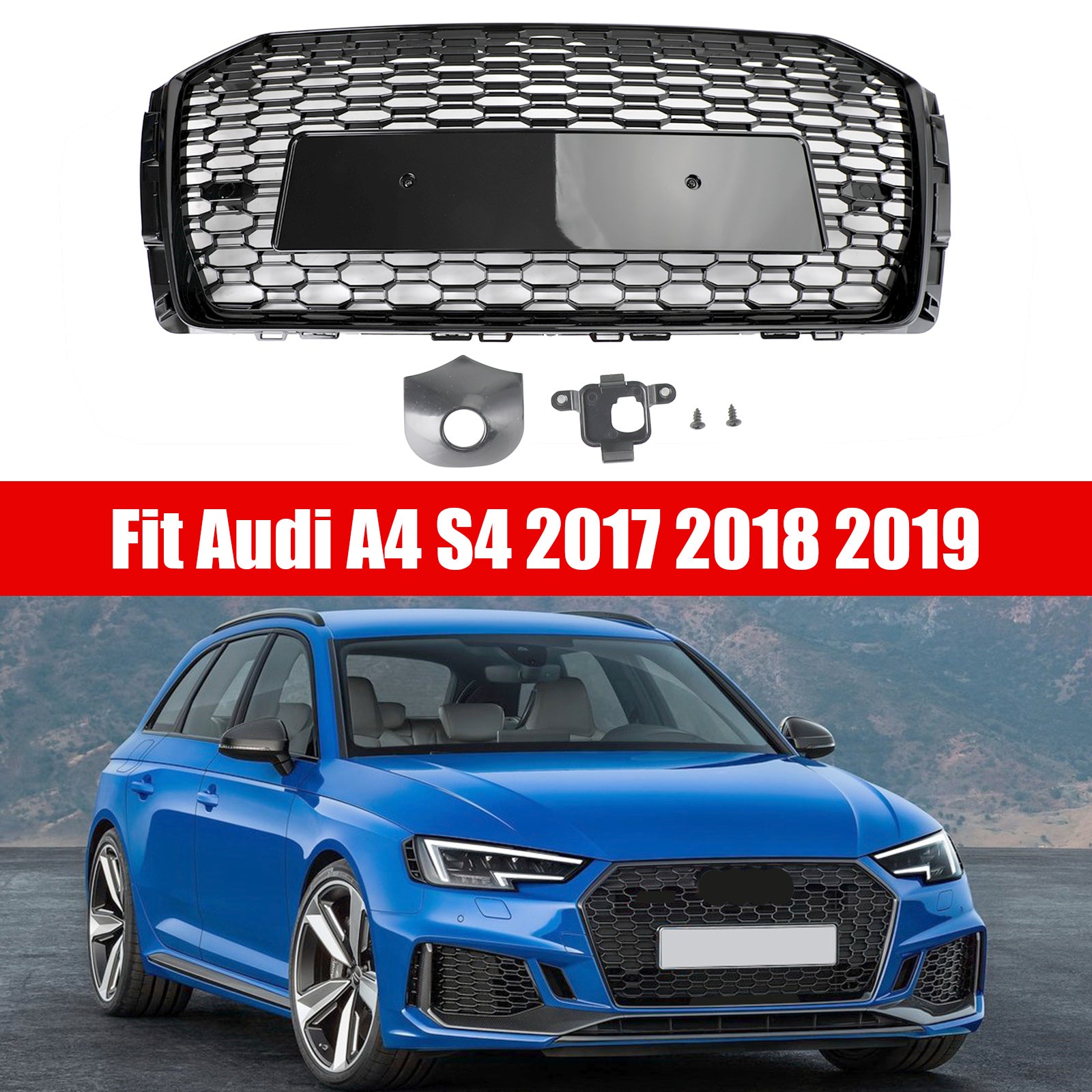 16-19 Audi A4/S4 Black Honeycomb RS4 Style Mesh Hex Grill Replacement Generic