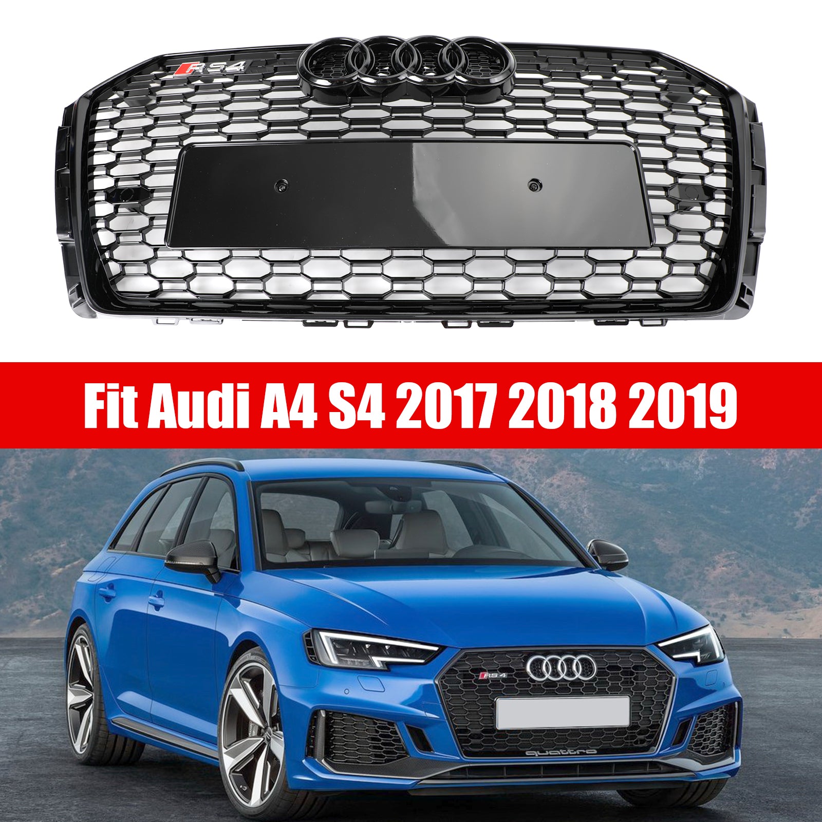 2017-2019 Audi A4/S4 B9 Black RS4 Style Honeycomb Mesh Hex Grille Grill Generic