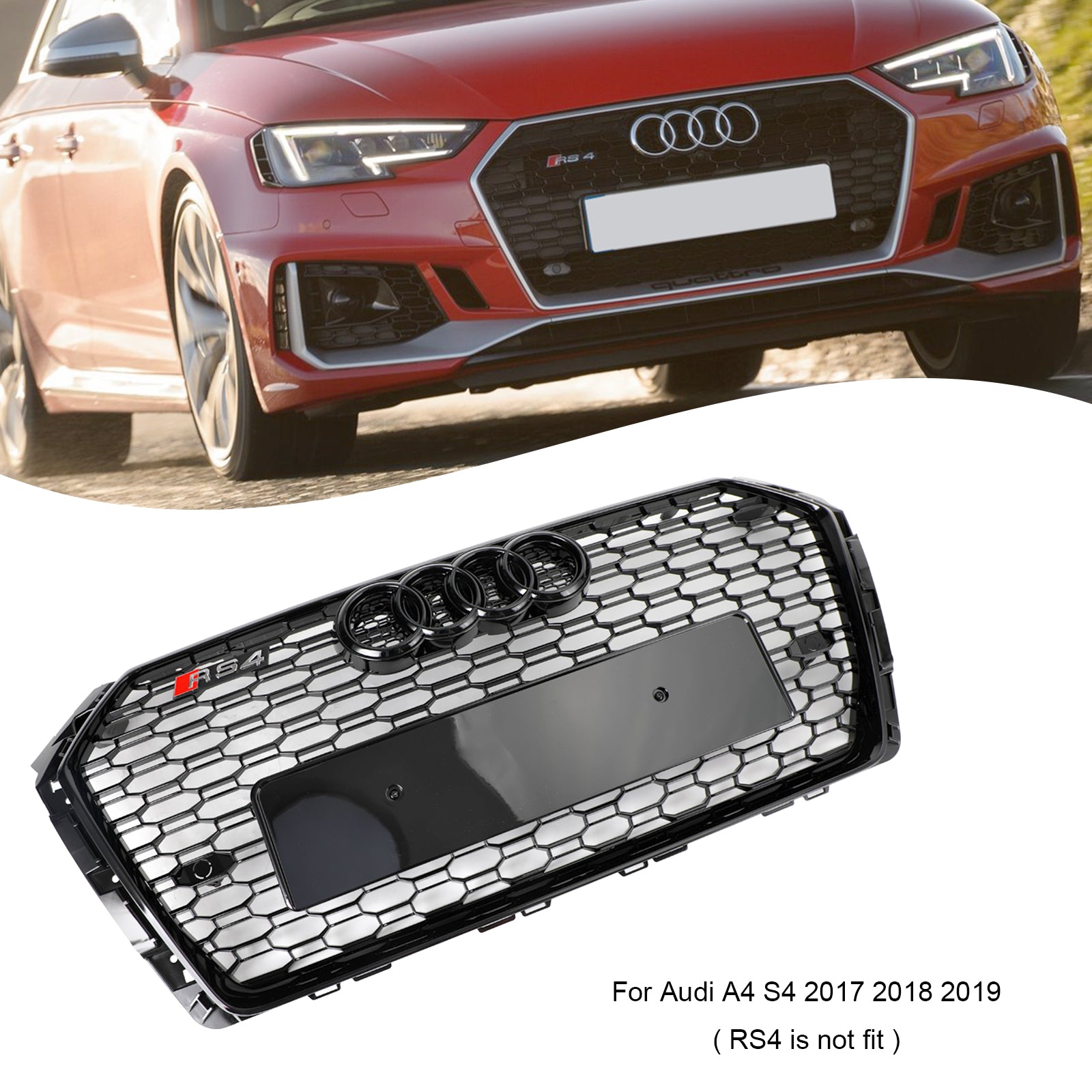 2017-2019 Audi A4/S4 B9 Black RS4 Style Honeycomb Mesh Hex Grille Grill Generic