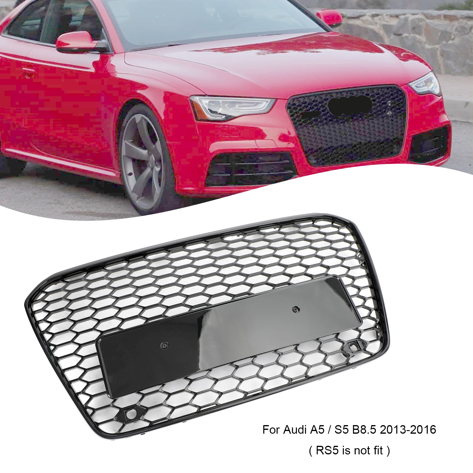 13-16 Audi A5 S5 B8.5 Grill Replacement RS5 Style Honeycomb Hex Mesh Front Bumper Grill Generic