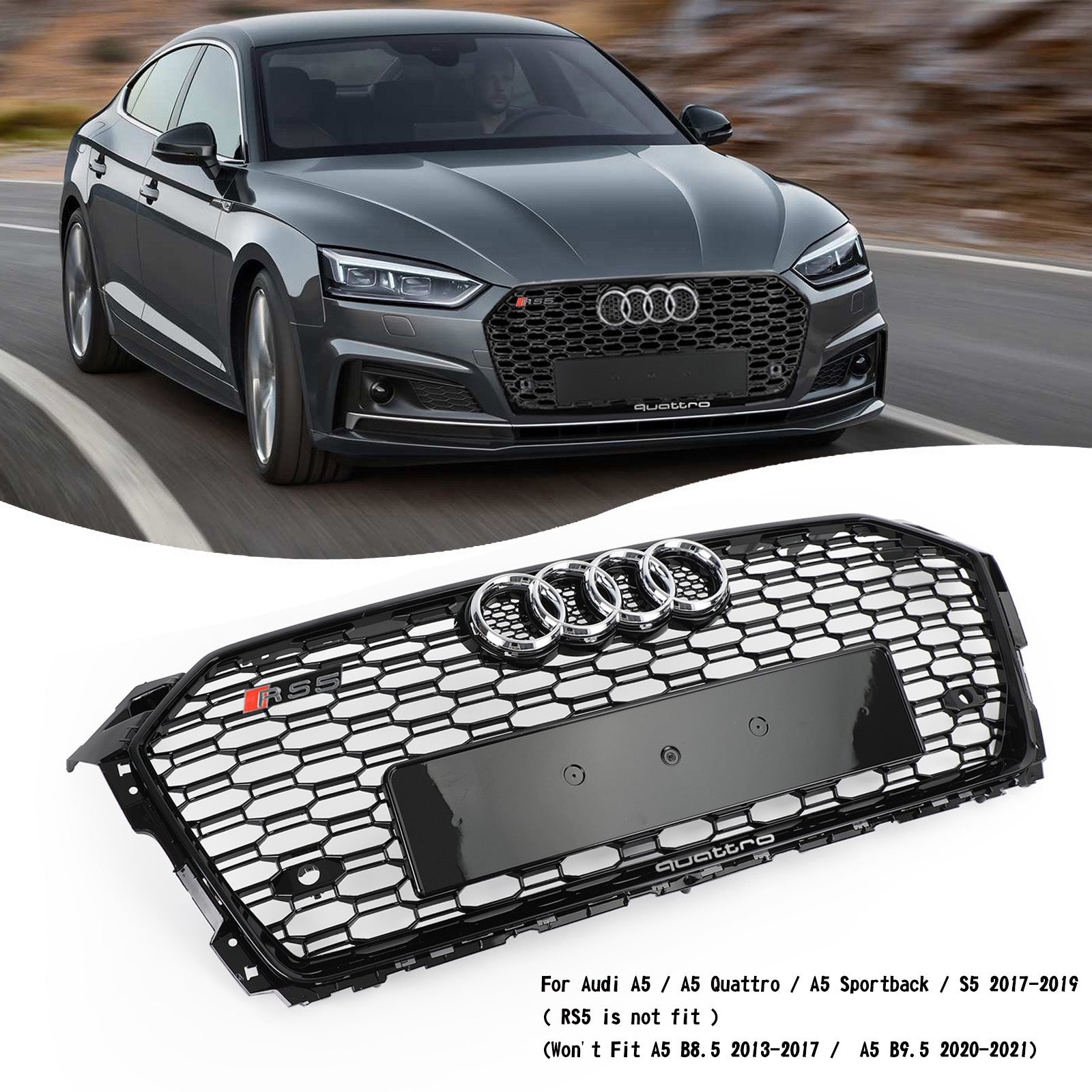 2017-2019 Audi A5 S5 B9 RS5 Style Honeycomb Sport Mesh Hex Grille Grill 8W6-853-651-AB-FUQ