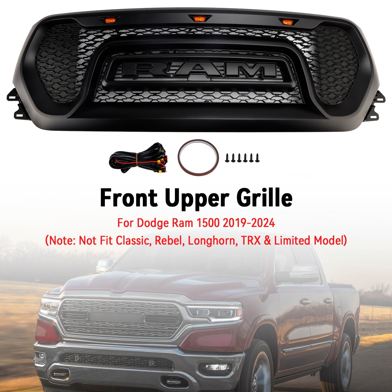 2019-2024 Dodge Ram 1500 Black Front Honeycomb Upper Hood Grille Grill
