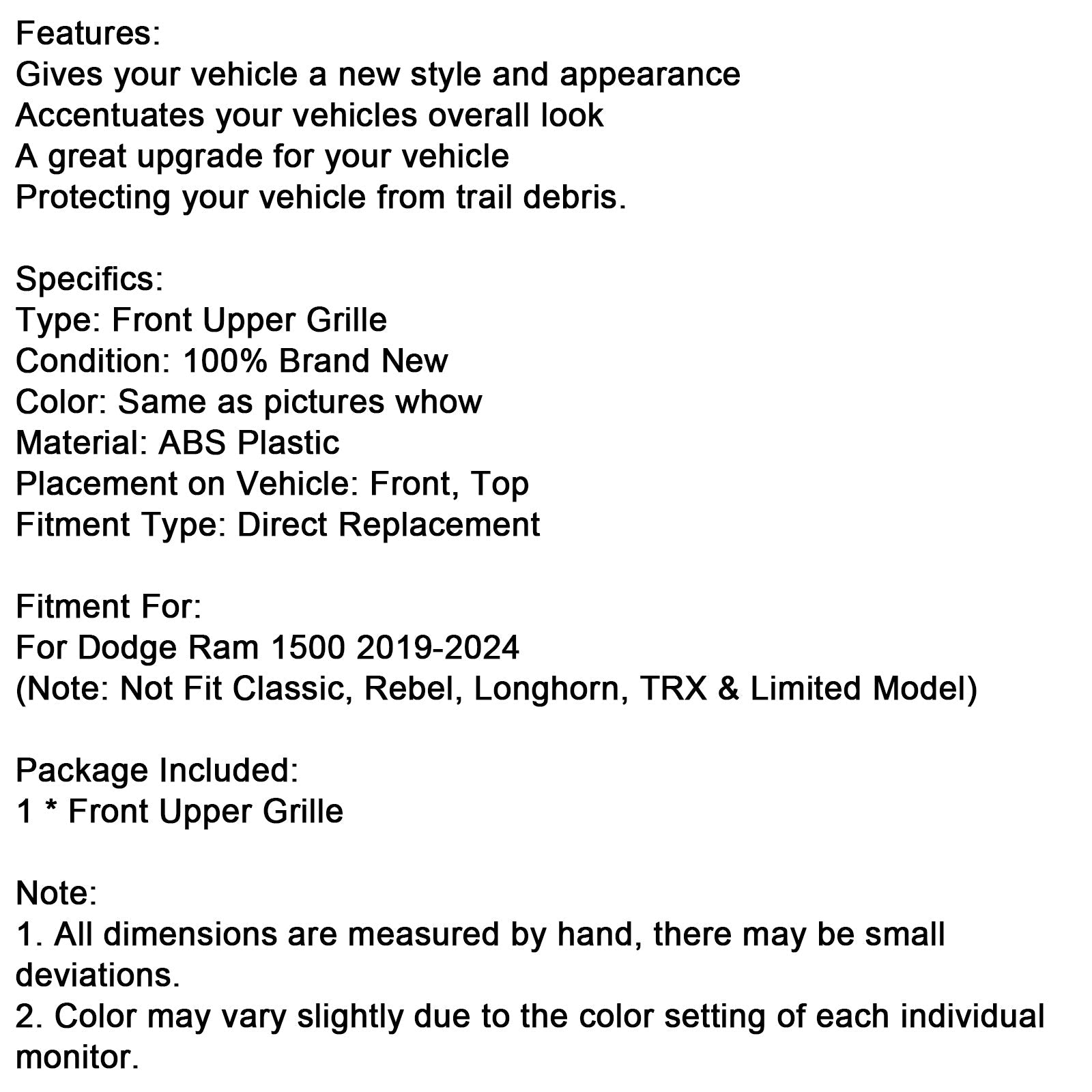 2019-2024 Dodge Ram 1500 Black Front Honeycomb Upper Hood Grille Grill