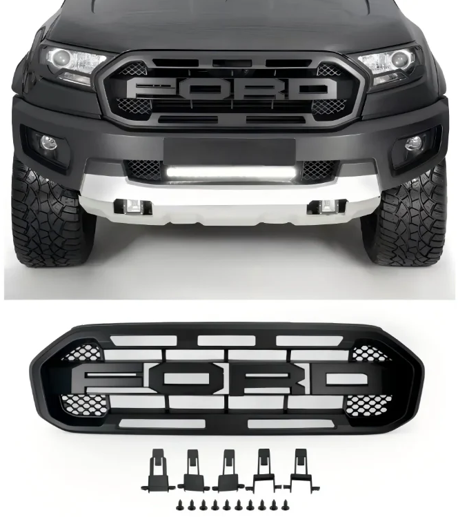 Black Front Bumper Grill Grille Fit Ford Ranger T8 2019-2023 W/LED Light