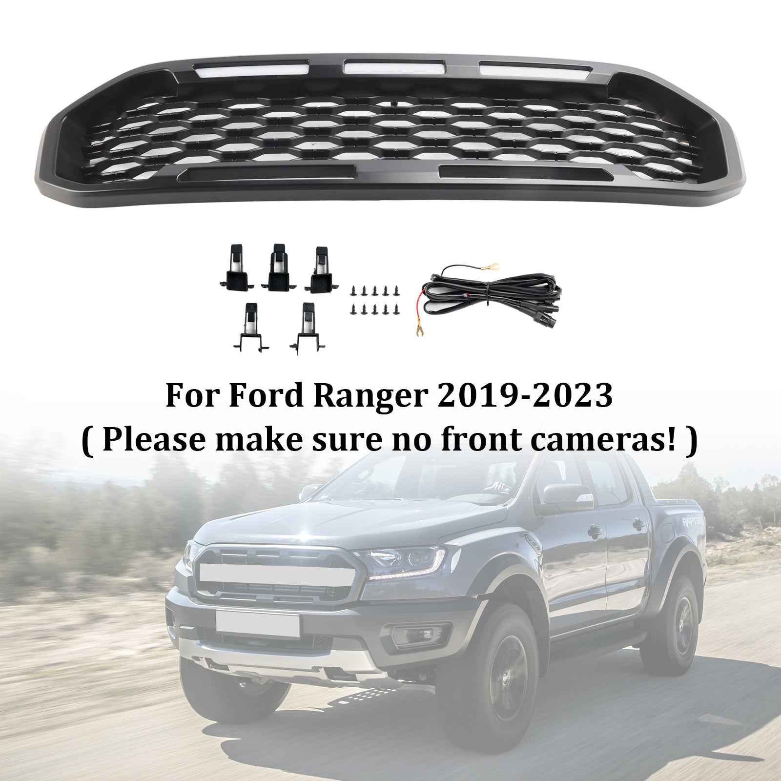 Black Front Bumper Grill Grille Fit Ford Ranger T8 2019-2023 W/LED Light