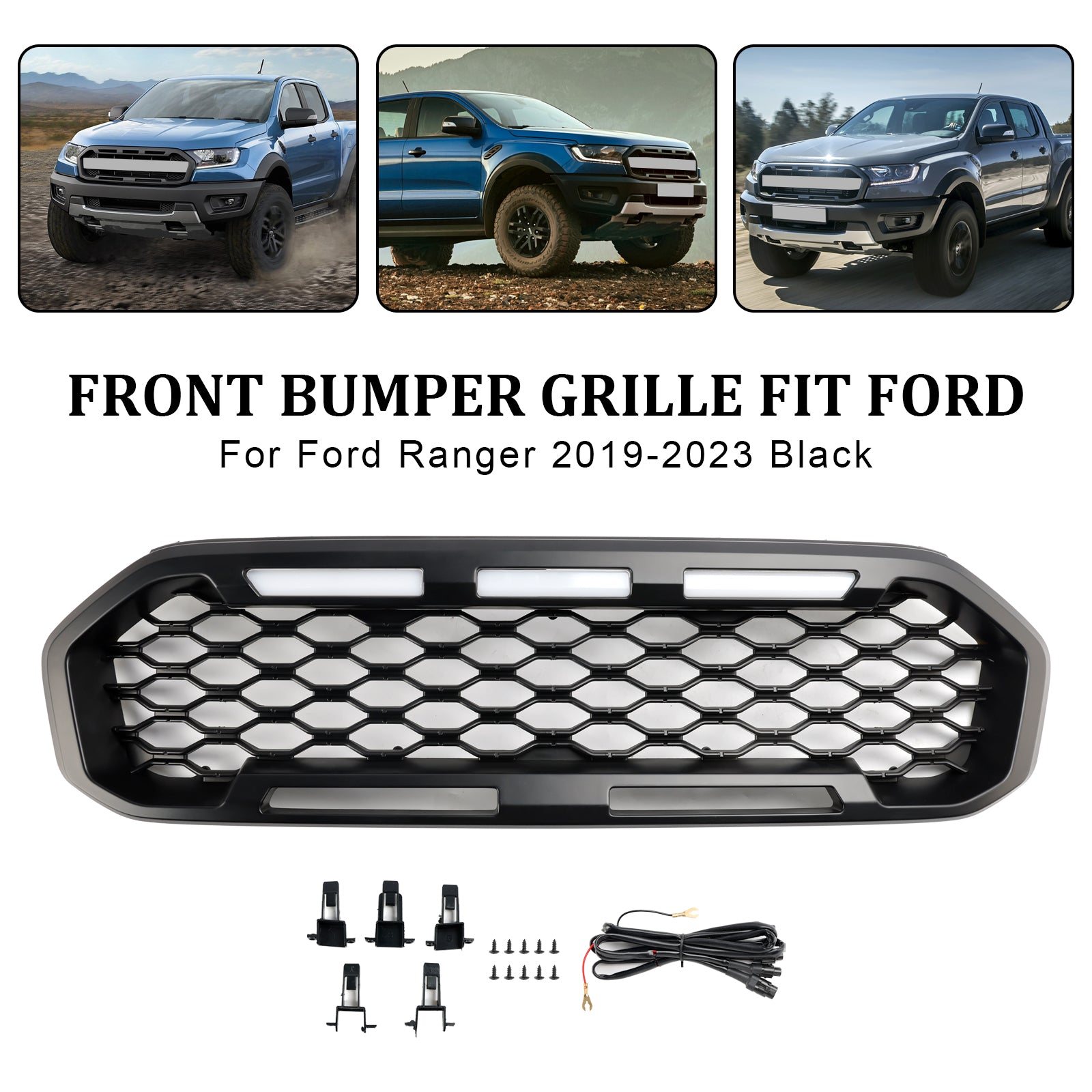 Black Front Bumper Grill Grille Fit Ford Ranger T8 2019-2023 W/LED Light