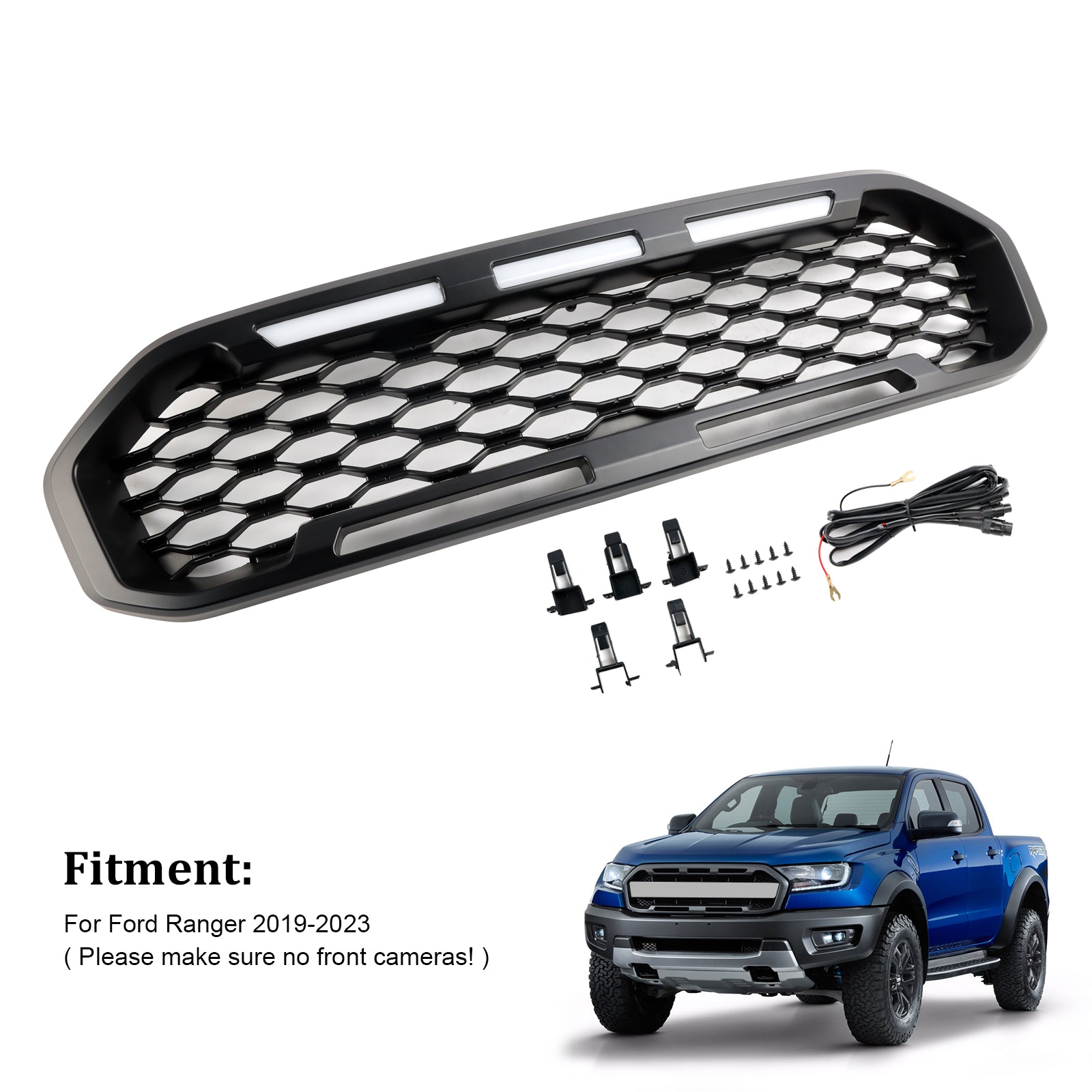Black Front Bumper Grill Grille Fit Ford Ranger T8 2019-2023 W/LED Light