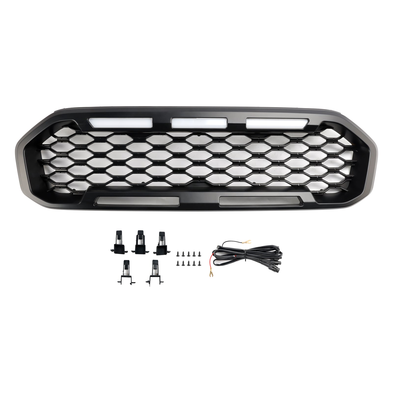 Black Front Bumper Grill Grille Fit Ford Ranger T8 2019-2023 W/LED Light