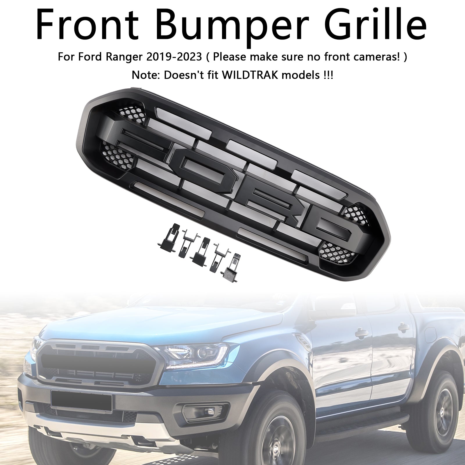 Raptor Style Front Bumper Grille Grill Fit Ford Ranger 2019-2023 Black