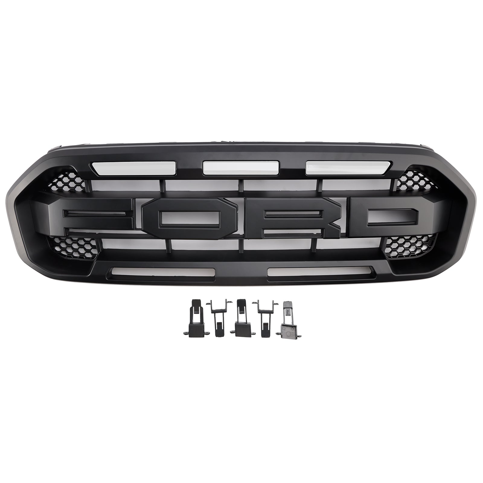 Black Front Bumper Grill Grille Fit Ford Ranger T8 2019-2023 W/LED Light