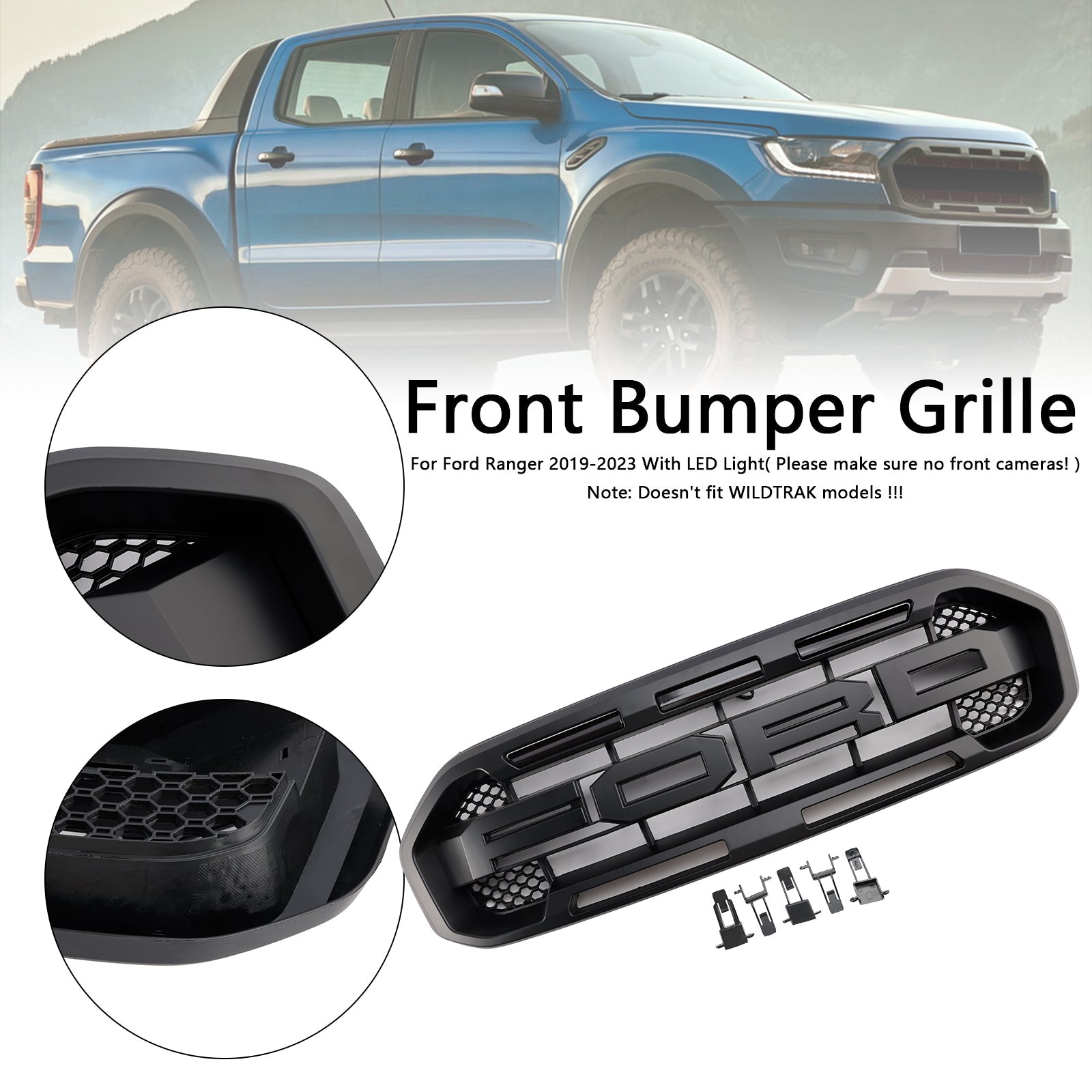 Black Raptor Style Front Bumper Grill Grille Fit Ford Ranger 2019-2023