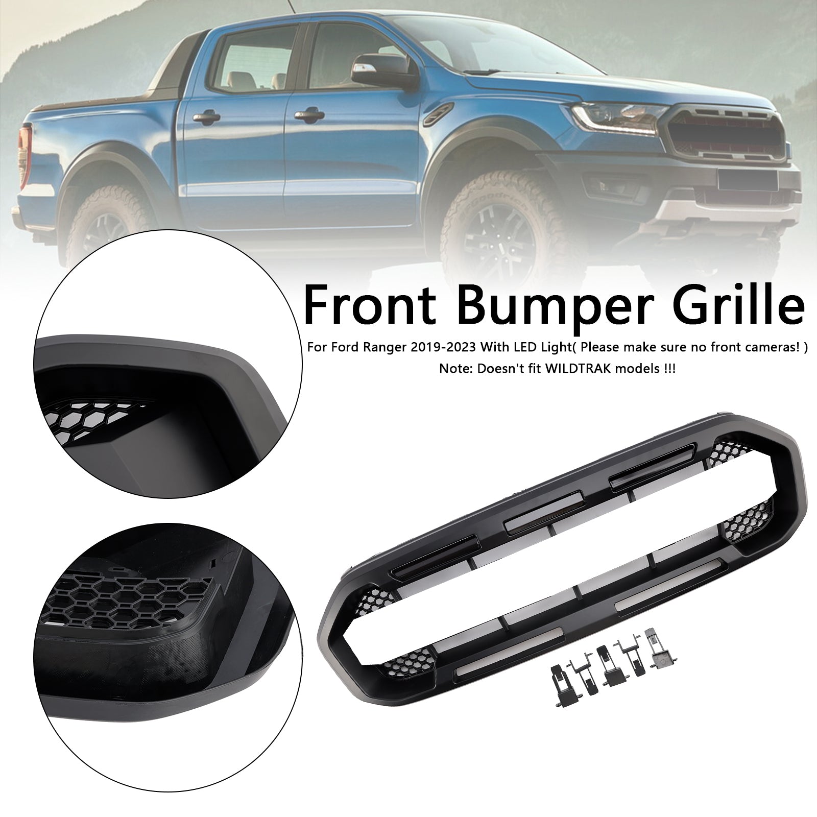 Black Raptor Style Front Bumper Grill Grille Fit Ford Ranger 2019-2023