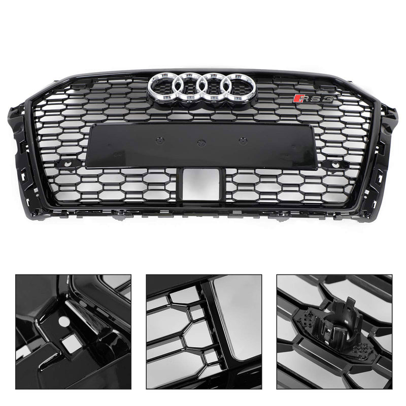 17-19 Audi A3 S3 Honeycomb Front Grille RS3 Style With ACC Gloss Black Generic