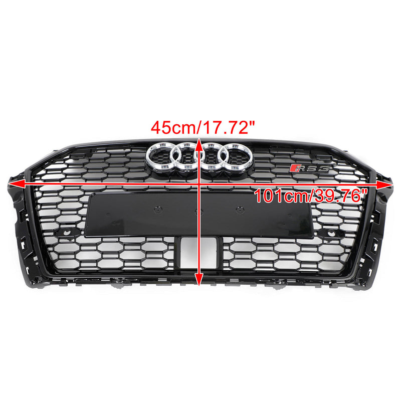 17-19 Audi A3 S3 Honeycomb Front Grille RS3 Style With ACC Gloss Black Generic