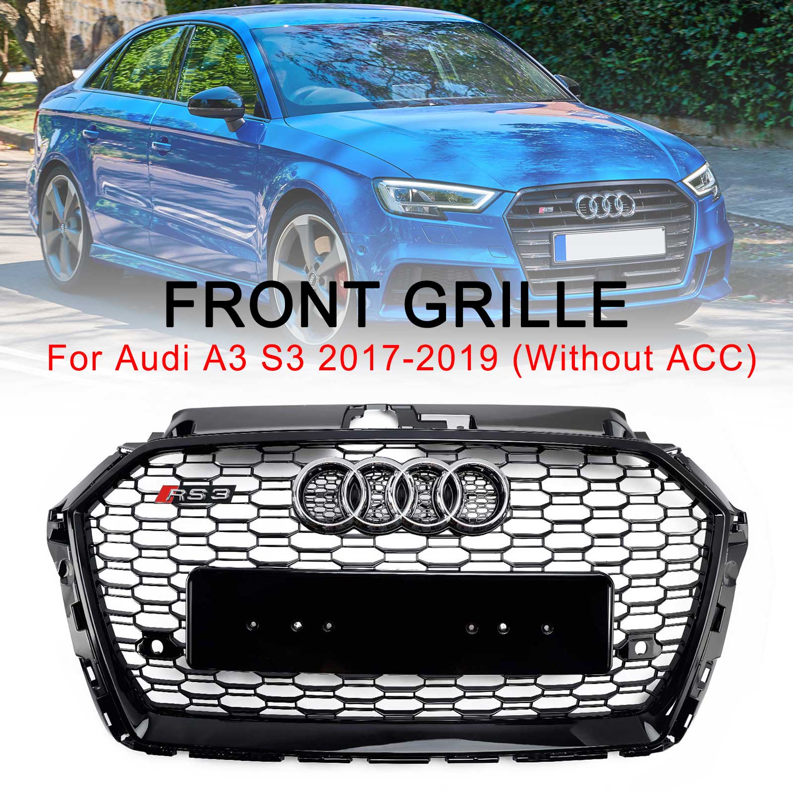 2017 2018 2019 Audi A3 8V RS3 Style Honeycomb Mesh Front Bumper Grille Black
