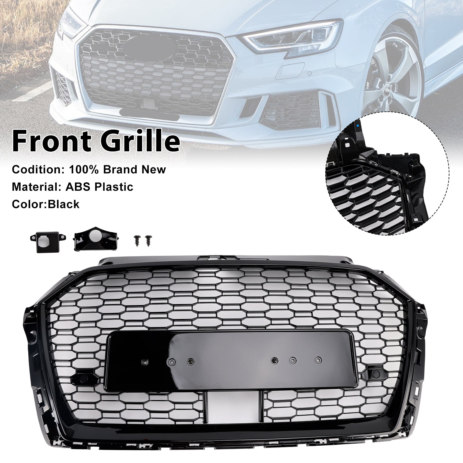 2017-2019 Audi A3 S3 W/ACC RS3 Style Honeycomb Front Grille Grill Black
