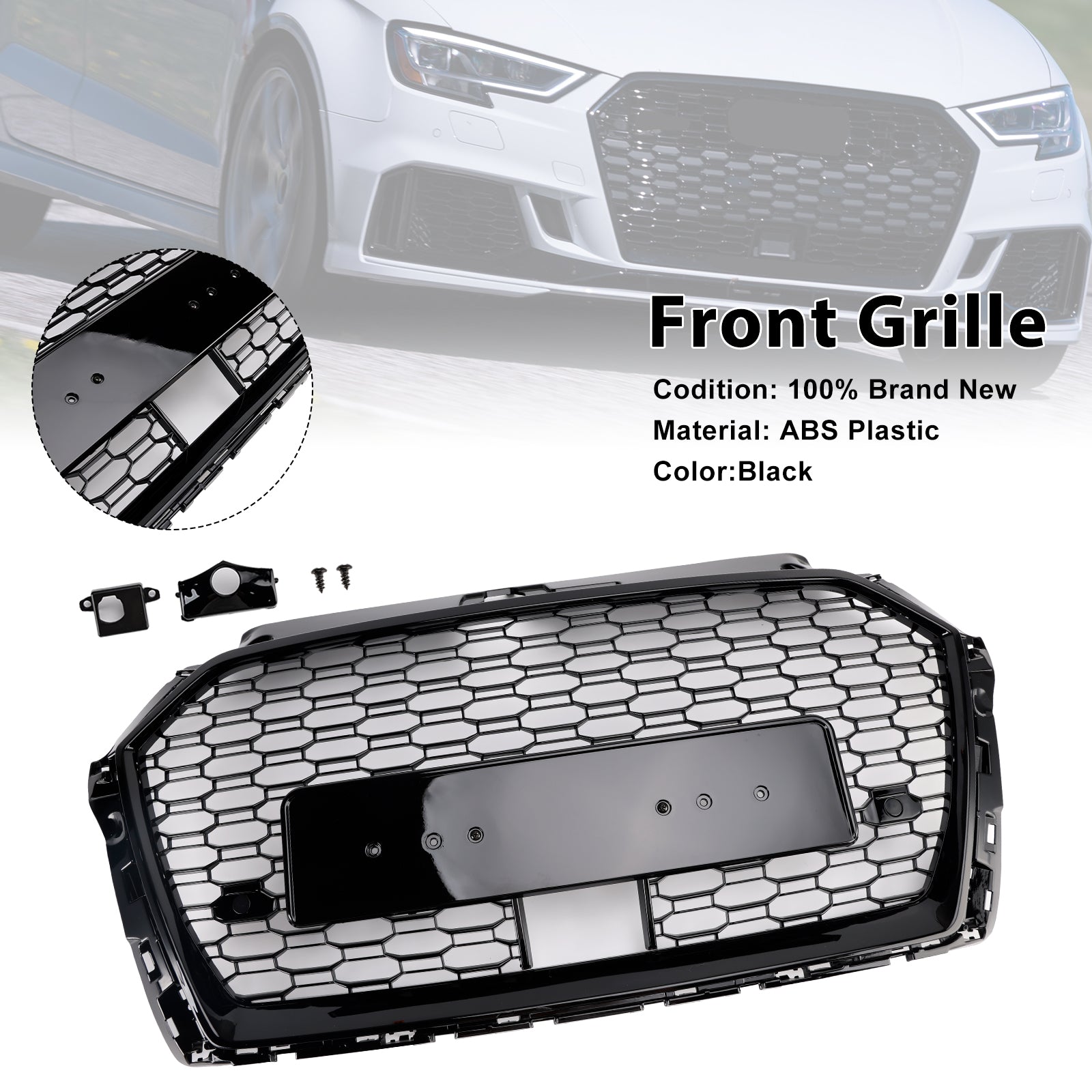 2017-2019 Audi A3 S3 W/ACC RS3 Style Honeycomb Front Grille Grill Black