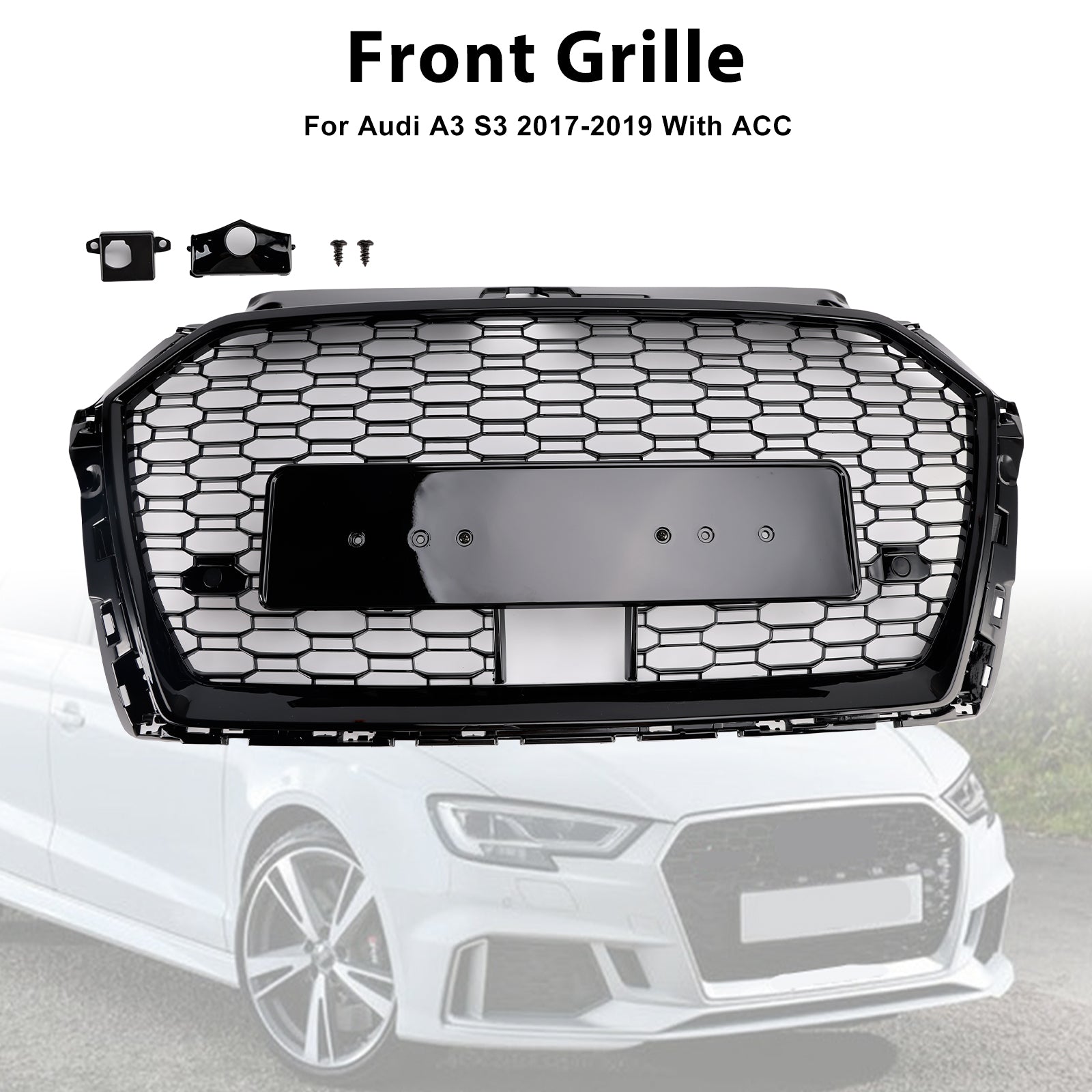 2017-2019 Audi A3 S3 W/ACC RS3 Style Honeycomb Front Grille Grill Black