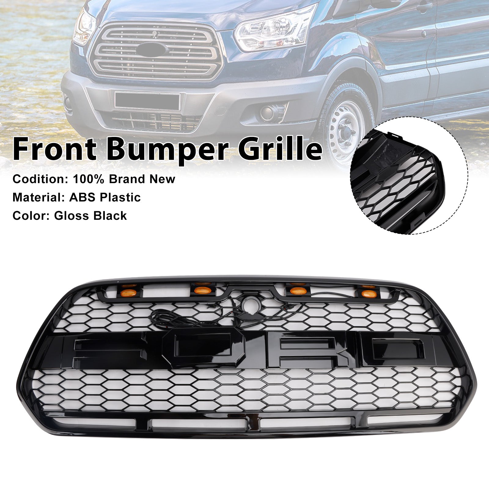 2015-2018 Ford Transit MK8 Raptor W/LED Gloss Black Front Bumper Grille Grill