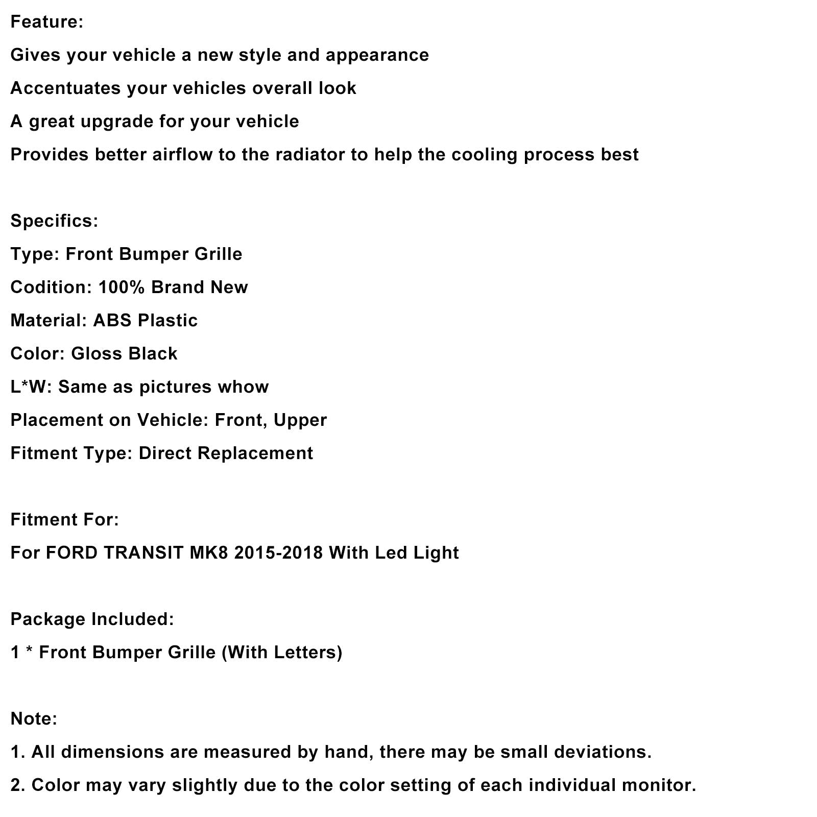 2015-2018 Ford Transit MK8 Raptor W/LED Gloss Black Front Bumper Grille Grill