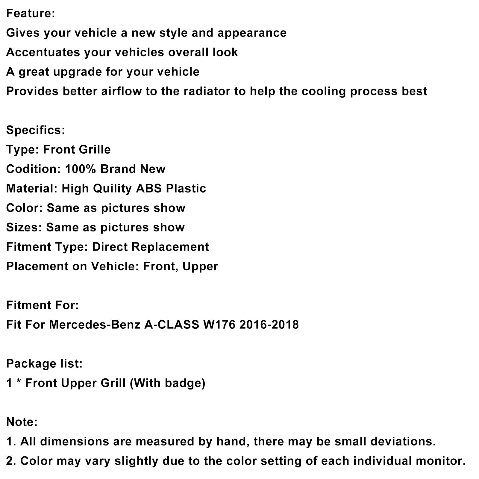 2016-2018 MERCEDES BENZ A CLASS W176 Front Bumper Grill Grille GTR Style