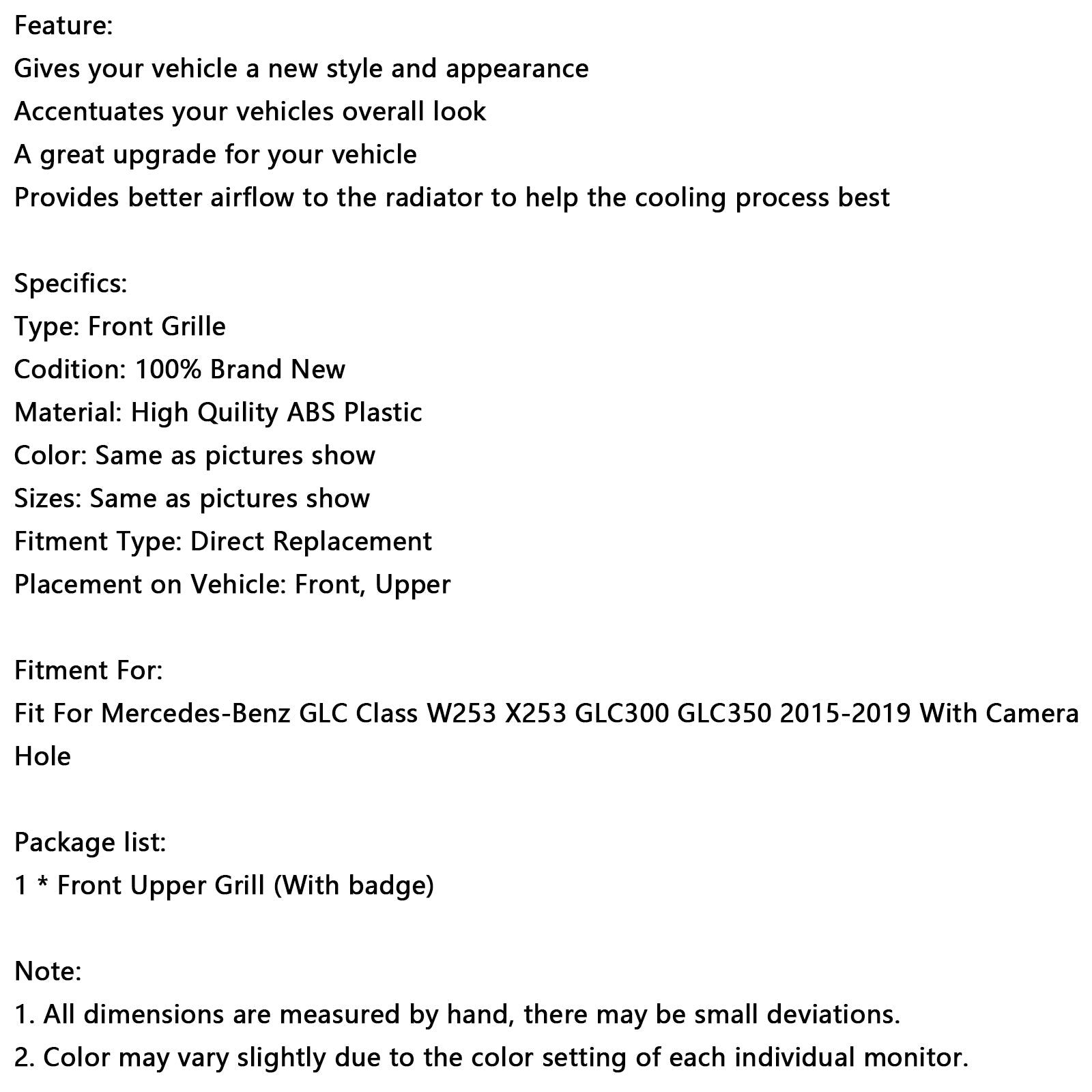 2015-2019 Mercedes Benz GLC X253 C253 Front Bumper Grill Grille Gloss Black