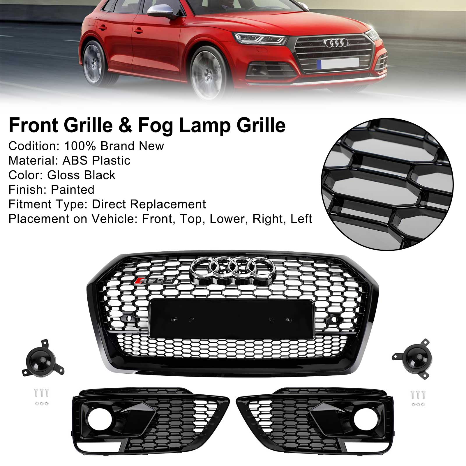 2018-2020 Audi Q5 SQ5 RSQ5 Front Honeycomb Mesh Grill + Fog Lamp Grille Generic