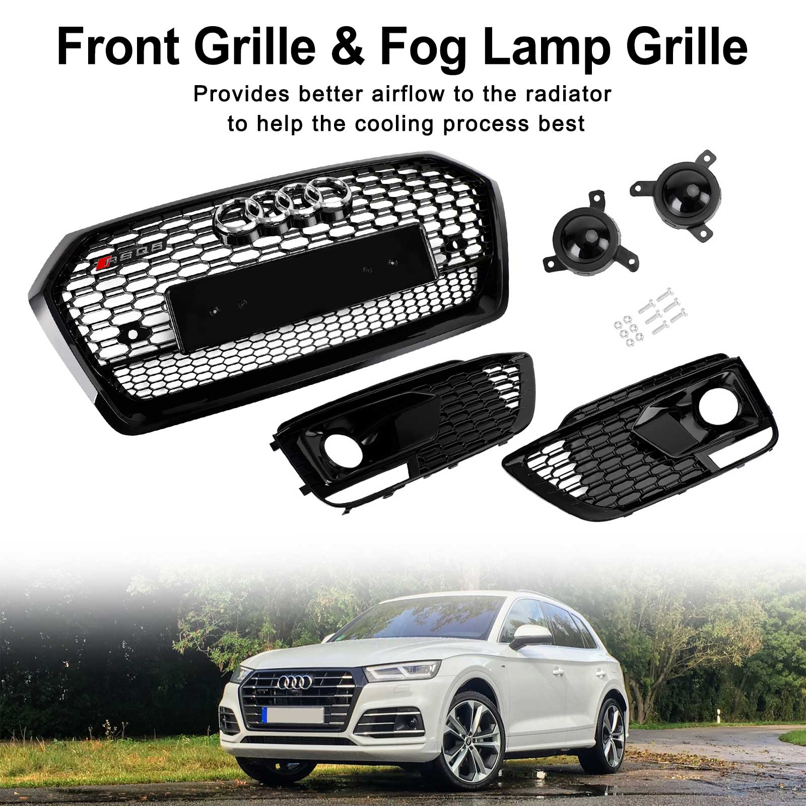 2018-2020 Audi Q5 SQ5 RSQ5 Front Honeycomb Mesh Grill + Fog Lamp Grille Generic